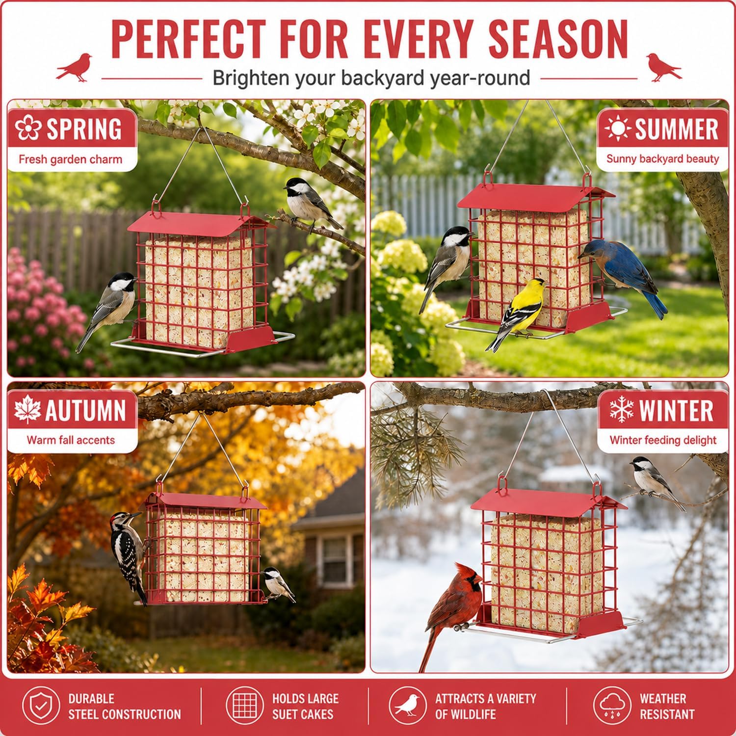Detalle 2 de HOSUN HSZFWNQ Metal Suet Bird Feeder, Red, with Weather-Resistant Roof