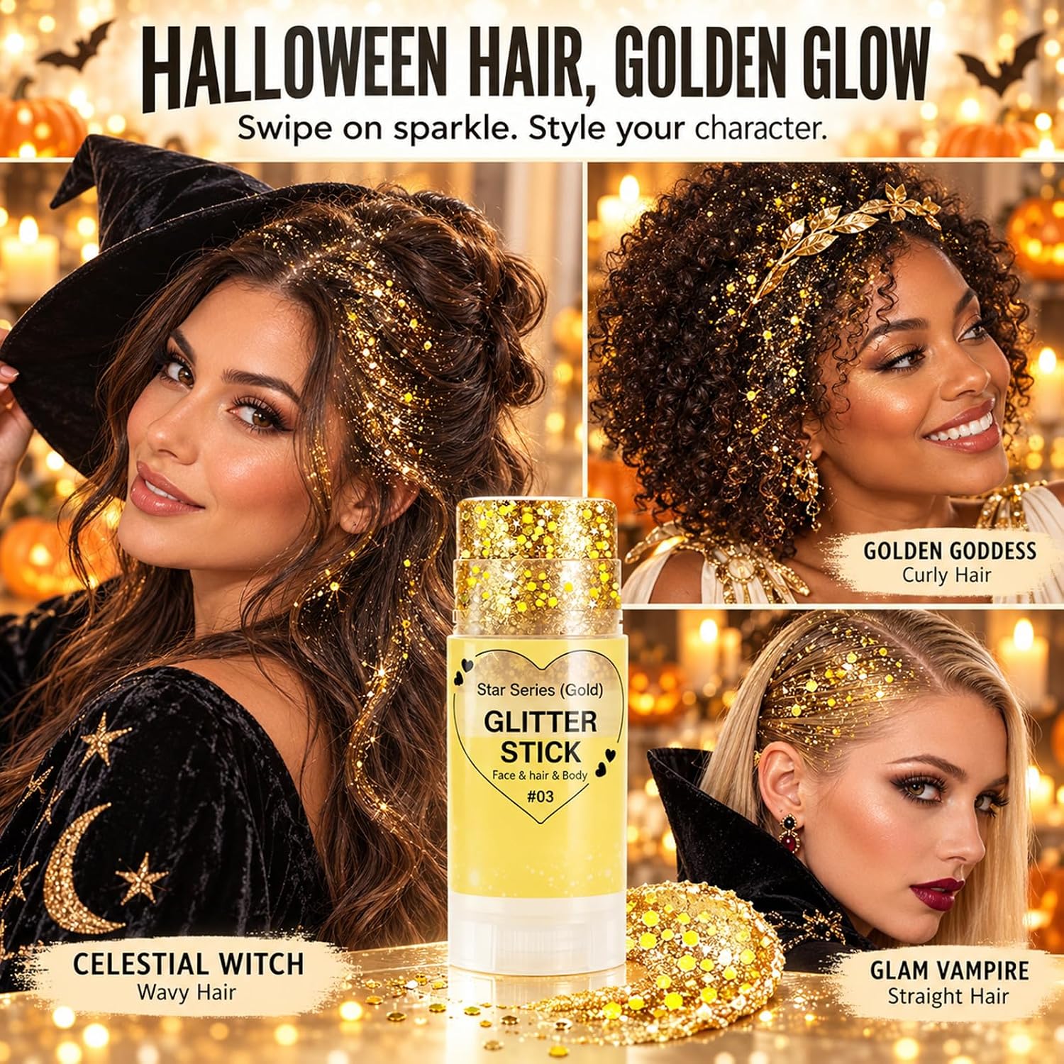 Detalle 2 de Go Ho WLG-346-03-US Gold Glitter Stick for Hair, Face and Body