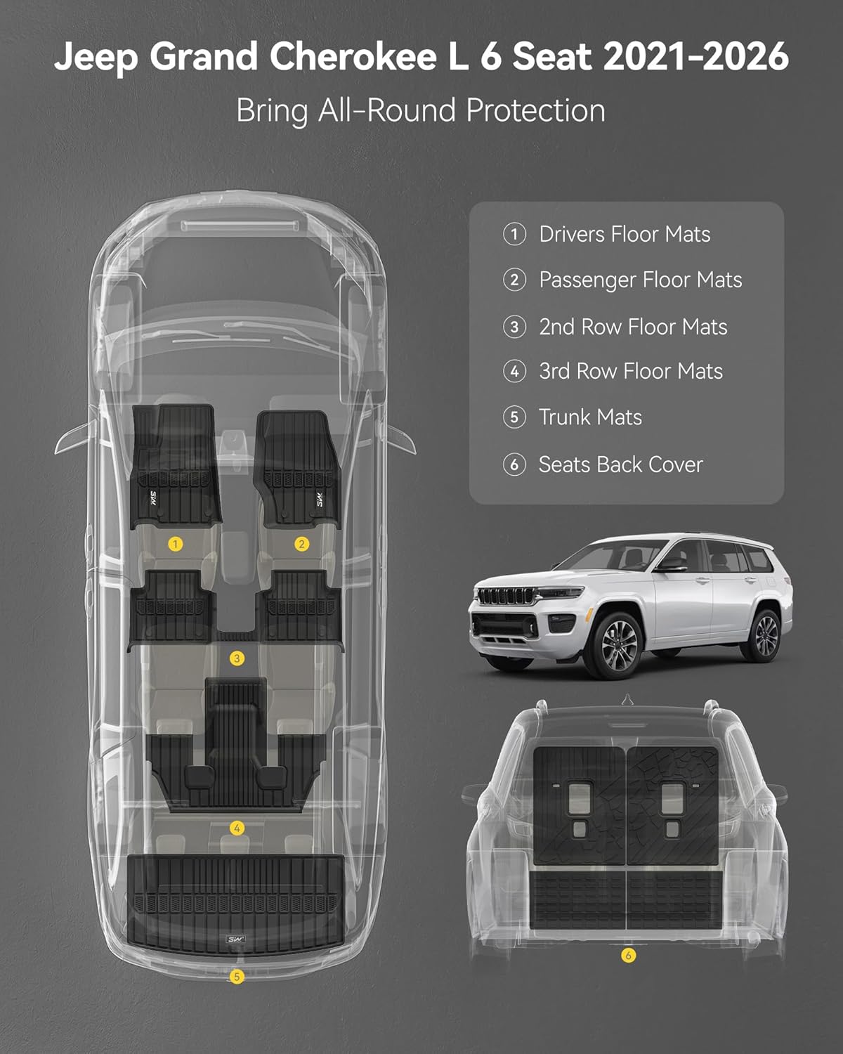 Thumbnail 2 de 3W Floor Mats Fit Jeep Grand Cherokee L 2021-2026