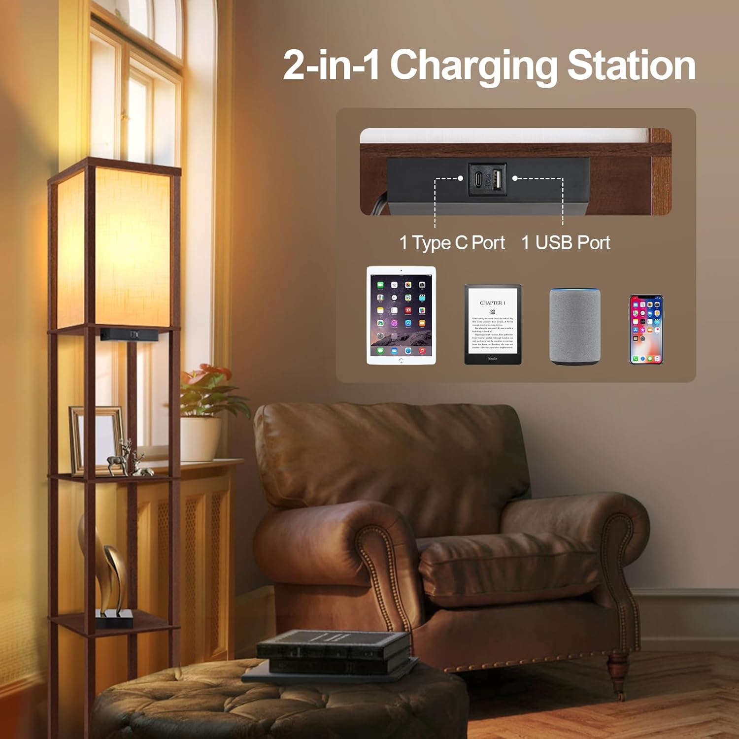 Thumbnail 3 de OUTON Floor Lamp with Shelves (Walnut Brown) – LED Column with USB & Type-C Ports, 3 Colour Temperature