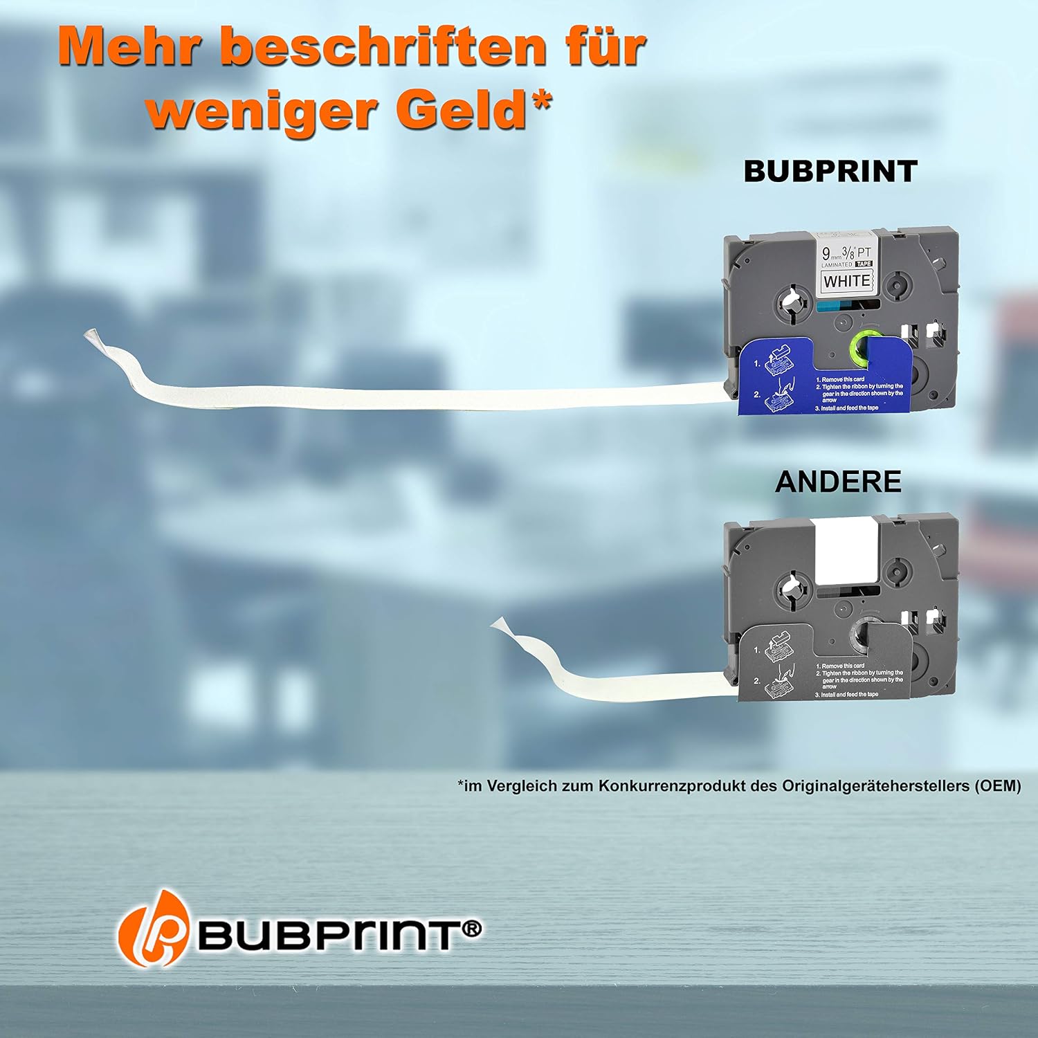 Detalle 2 de Bubprint TZe-221-kompatibla etikettband, 9 mm, svart på vitt, laminerade