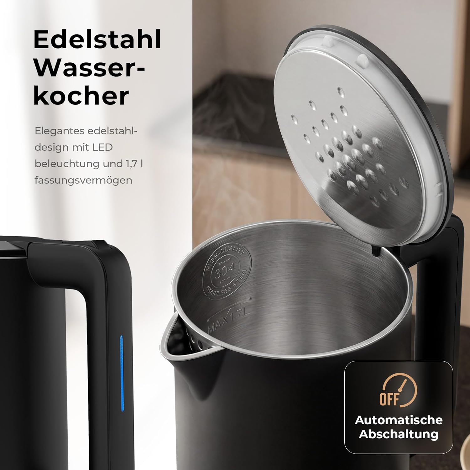 Thumbnail 5 de Balter Wasserkocher Edelstahl WK-4 (1,7 Liter) mit Doppelwand, LED & Sicherheitsfunktionen – kompakter Teekocher in Schwarz