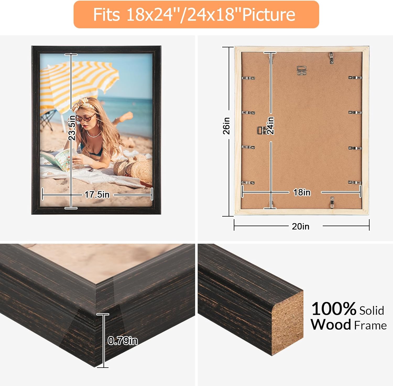 Thumbnail 4 de 18x24 Wood Frame Black Rustic Natural Wooden Poster Picture Frame with HD Plexiglass (18 x 24 or 24 x 18)