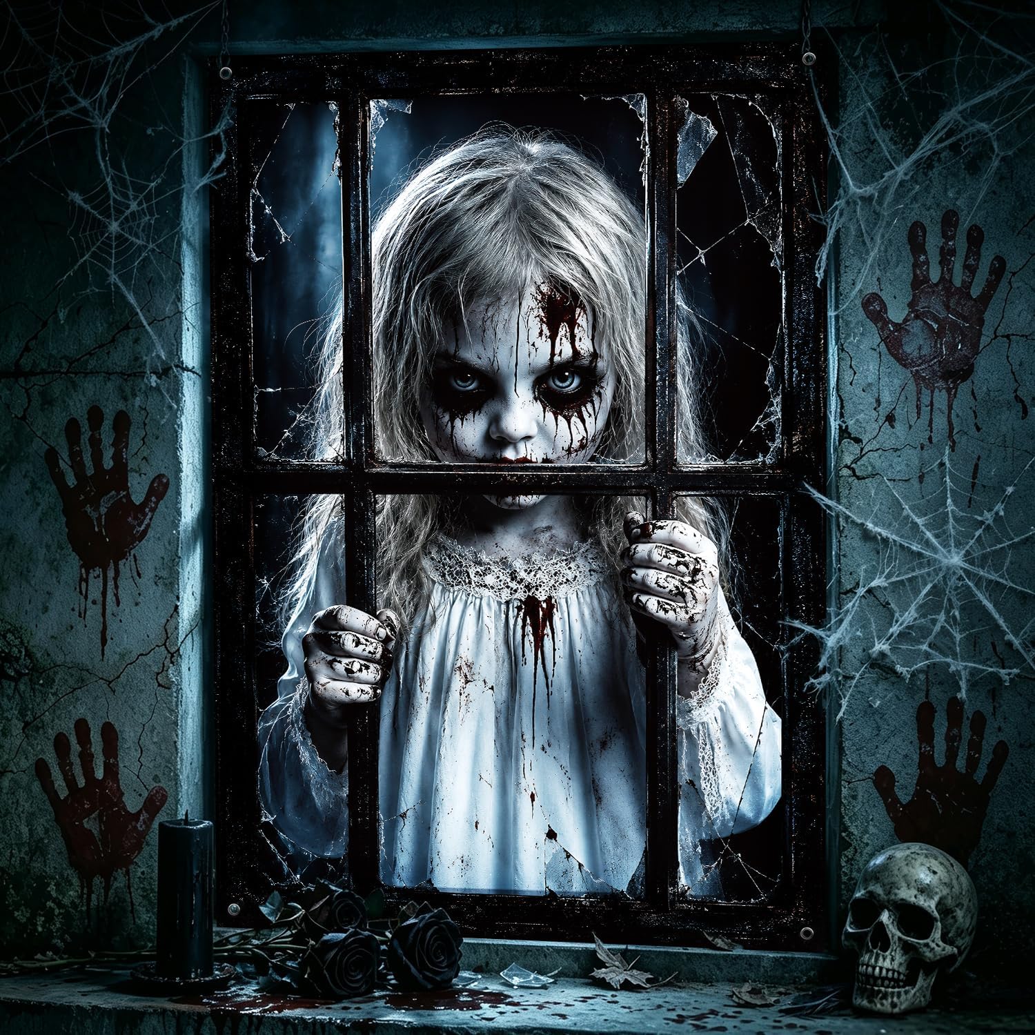 Detalle de Kaiyingxin 072901 Halloween-decoratiedoek 80 x 120 cm met horrormeisje