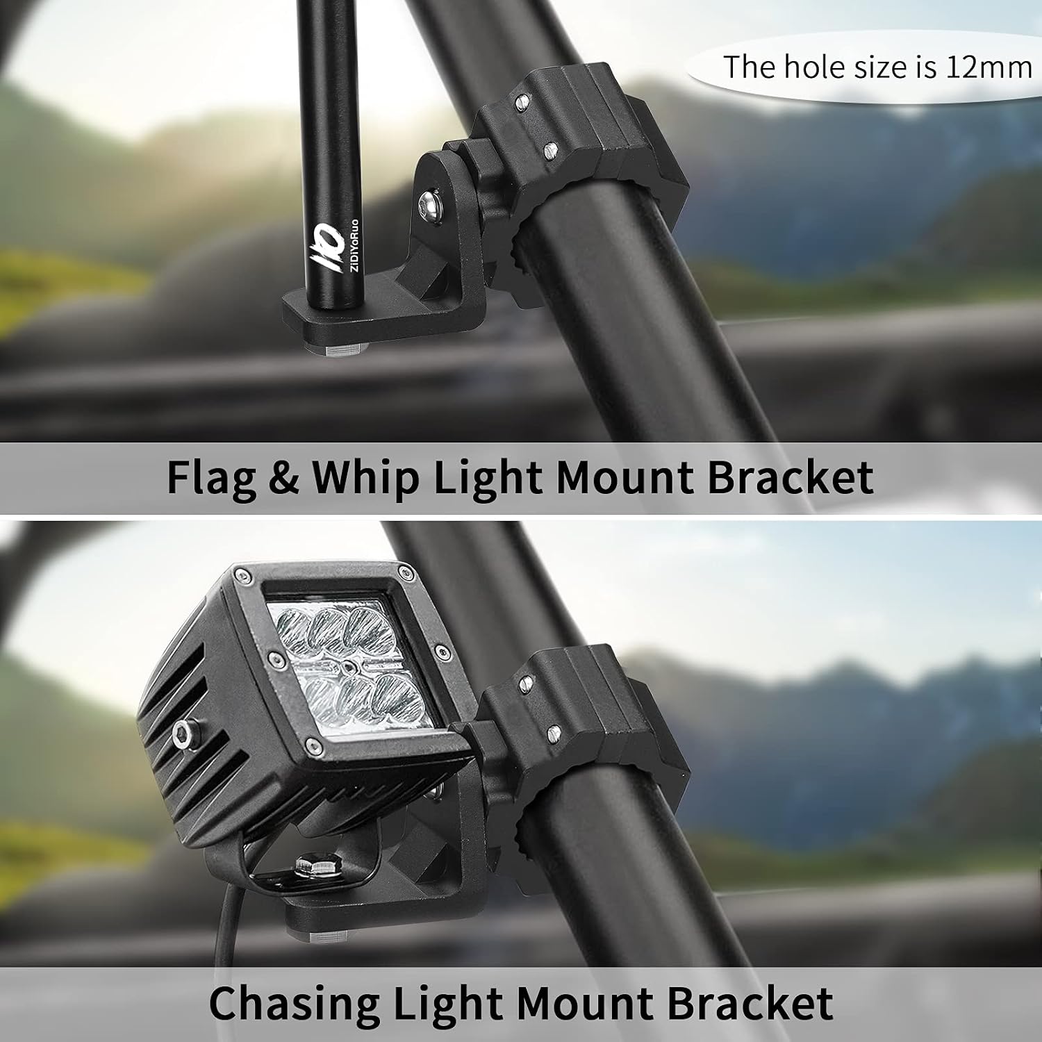 Thumbnail 1 de ZIDIYORUO UTV Whip Light Mount & Light Bar Bracket (1.75–2 in Roll Cage Clamp) with 360° Rotation