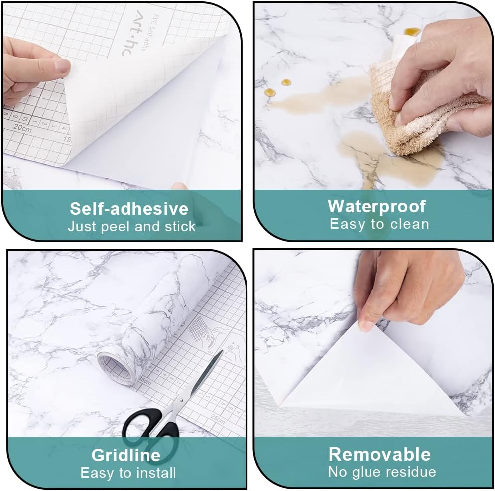 Detalle de Arthome WALL DECOR White/Gray Marble zelfklevende vinylfolie, 44 cm x 6 m