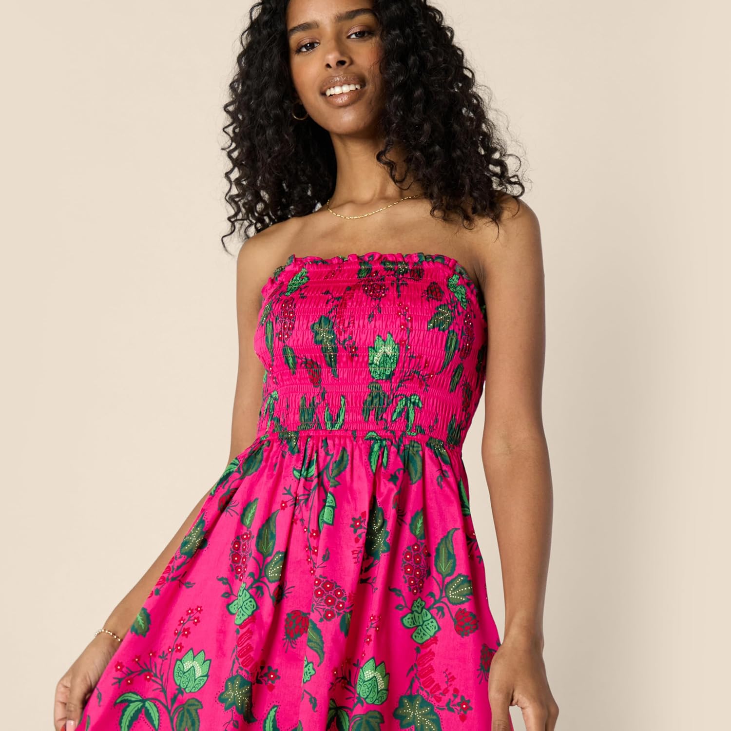 Thumbnail 3 de Damen Regular-Fit-Kurzkleid aus Baumwollsatin mit gesmoktem Mieder