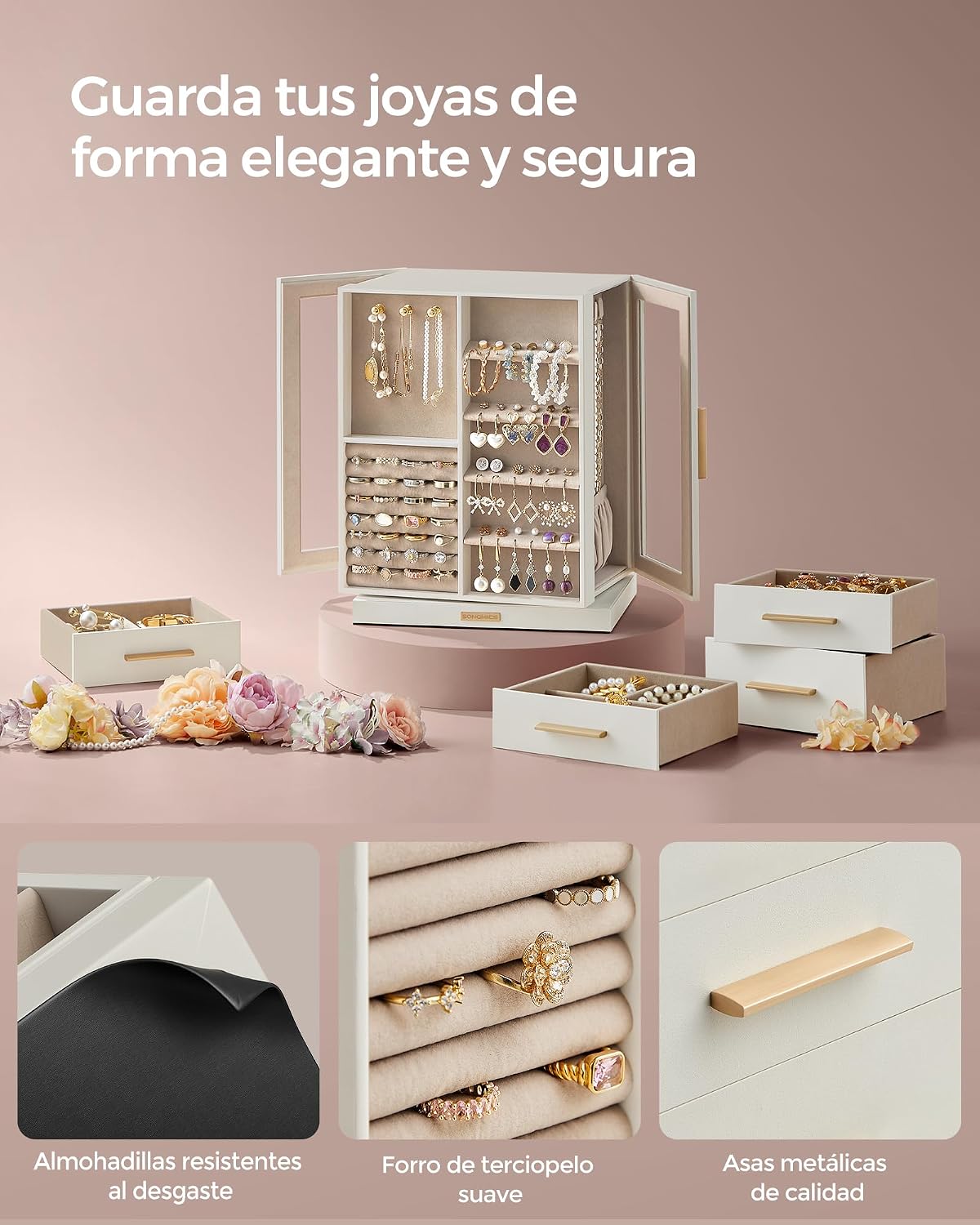 Detalle de SONGMICS Colección GISELLA: Caja Joyero Giratorio 360° JBC170W01, 5 Cajones y Ventanas de Cristal