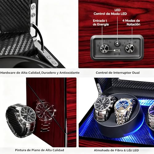 Detalle 2 de ANWBROAD caja giratoria automática para relojes, 4 posiciones e iluminación LED