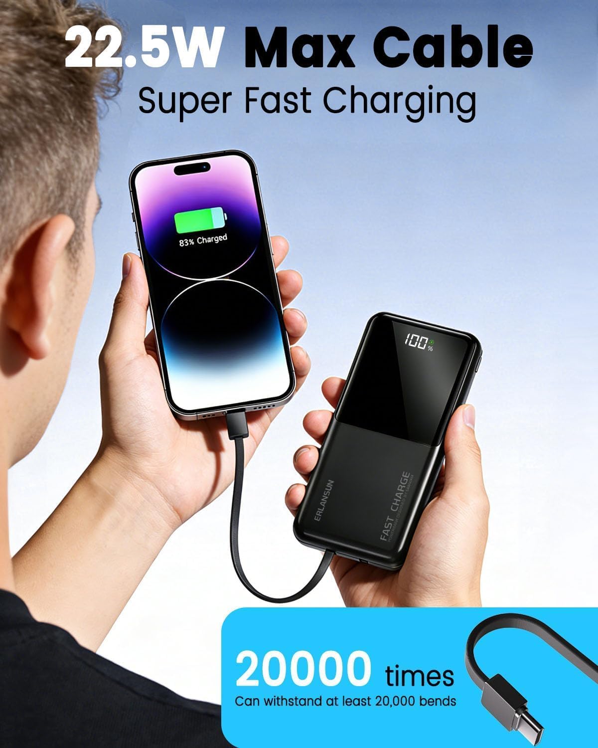 Detalle 2 de Power Bank Fast Charging 20000mAh by Yixiugo – 22.5W Portable Charger with Built-in Cables and LCD