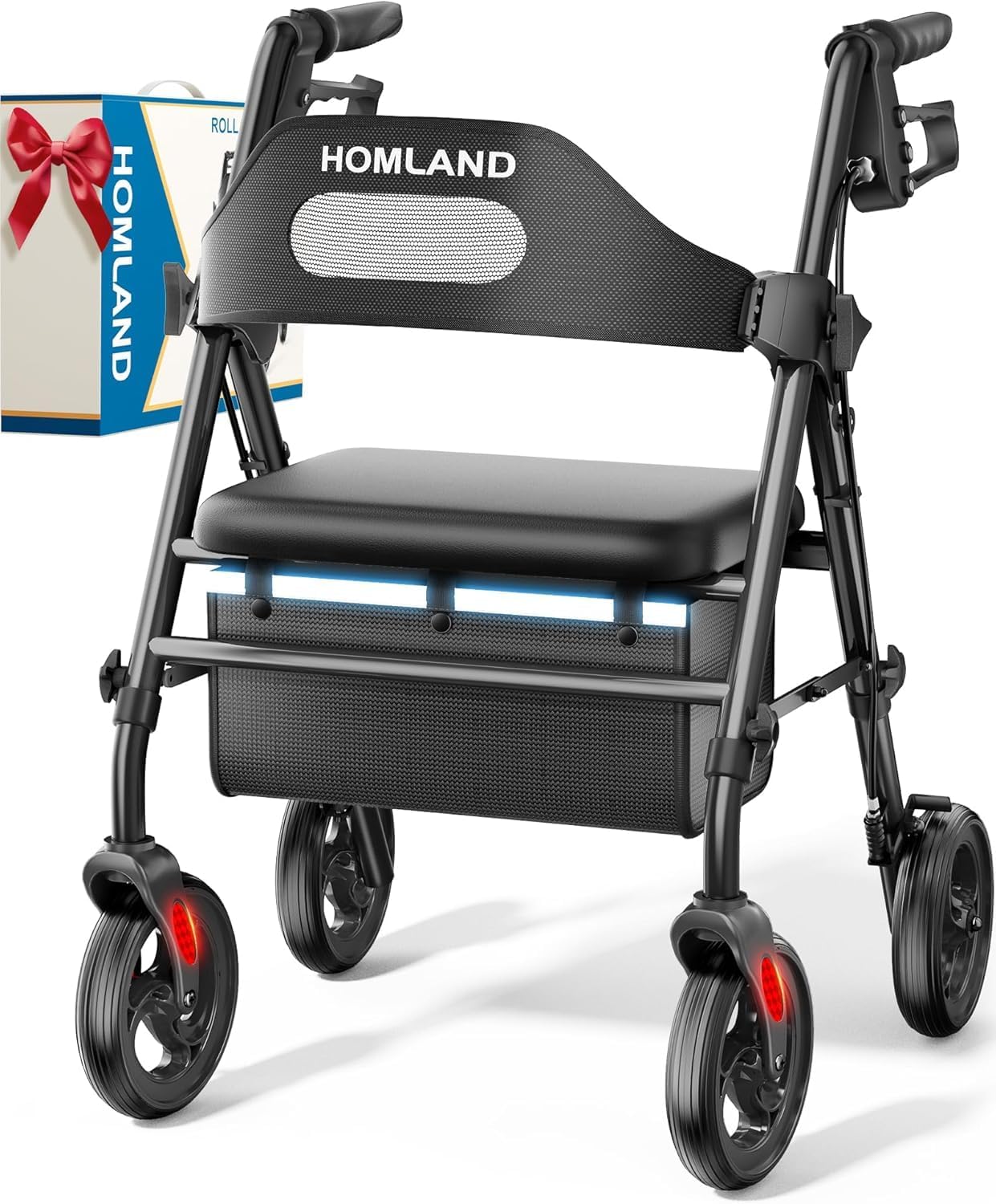HOMLAND Foldable Rollator Walker with Seat, 8" Big Wheels, 350 lb capacity (Black)