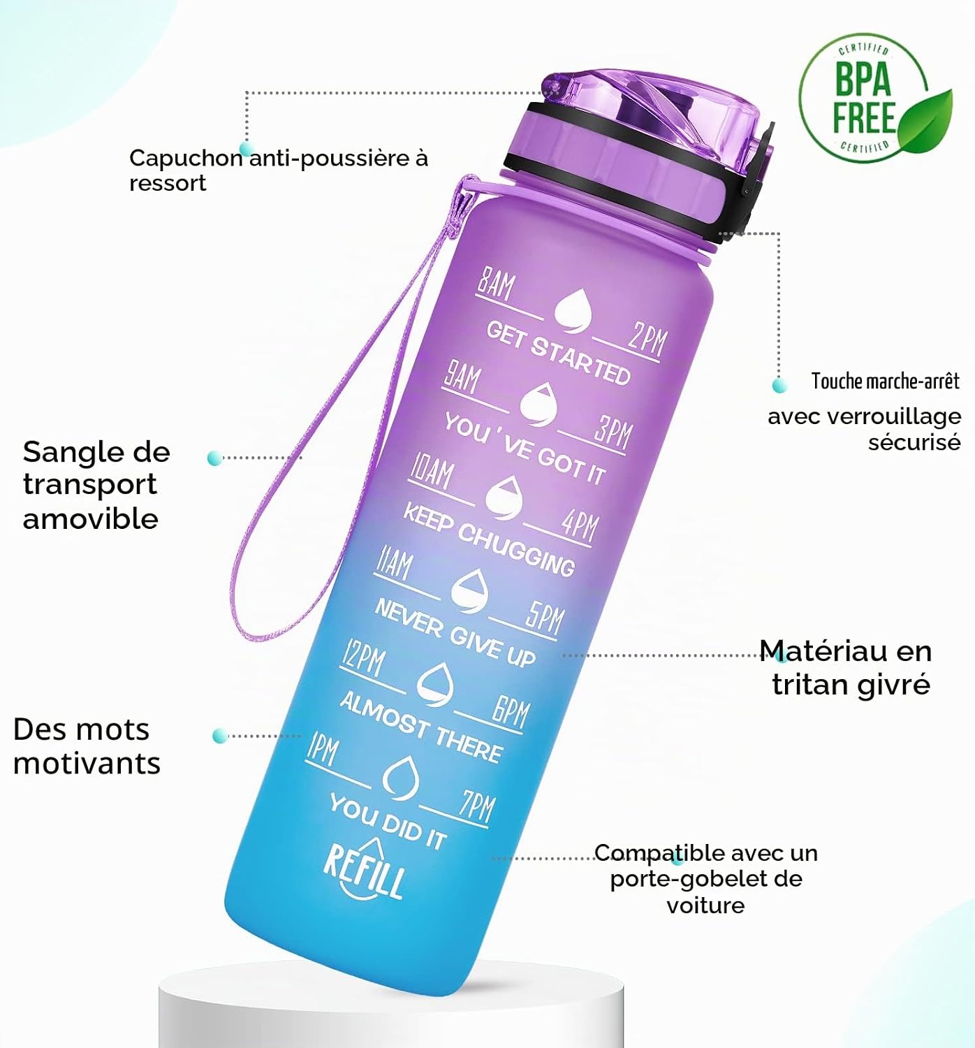 Detalle de HydroPal 8068 sportwaterfles 1 liter met tijdmarkeringen en filter