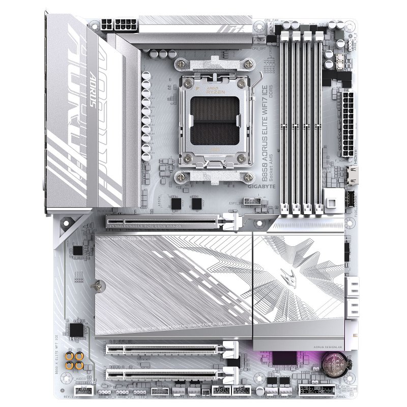 Detalle 2 de Gigabyte B850 AORUS ELITE WIFI7 ICE: placa base AMD AM5 orientada a juego y contenido