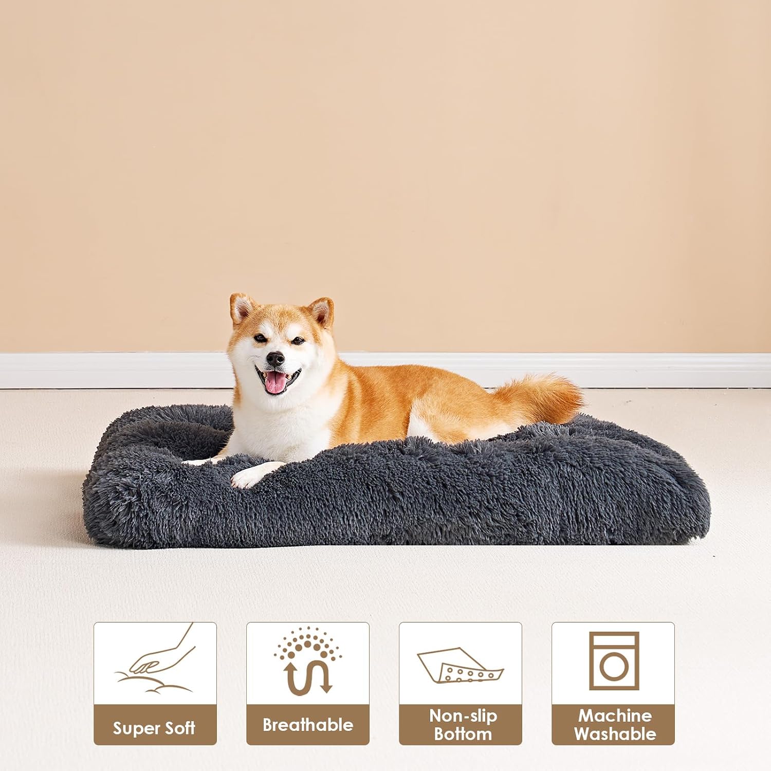 Detalle 2 de EHEYCIGA Fluffy Dog Crate Bed (Large) – Calming anti-anxiety washable crate mattress, dark grey, 90x60x9cm