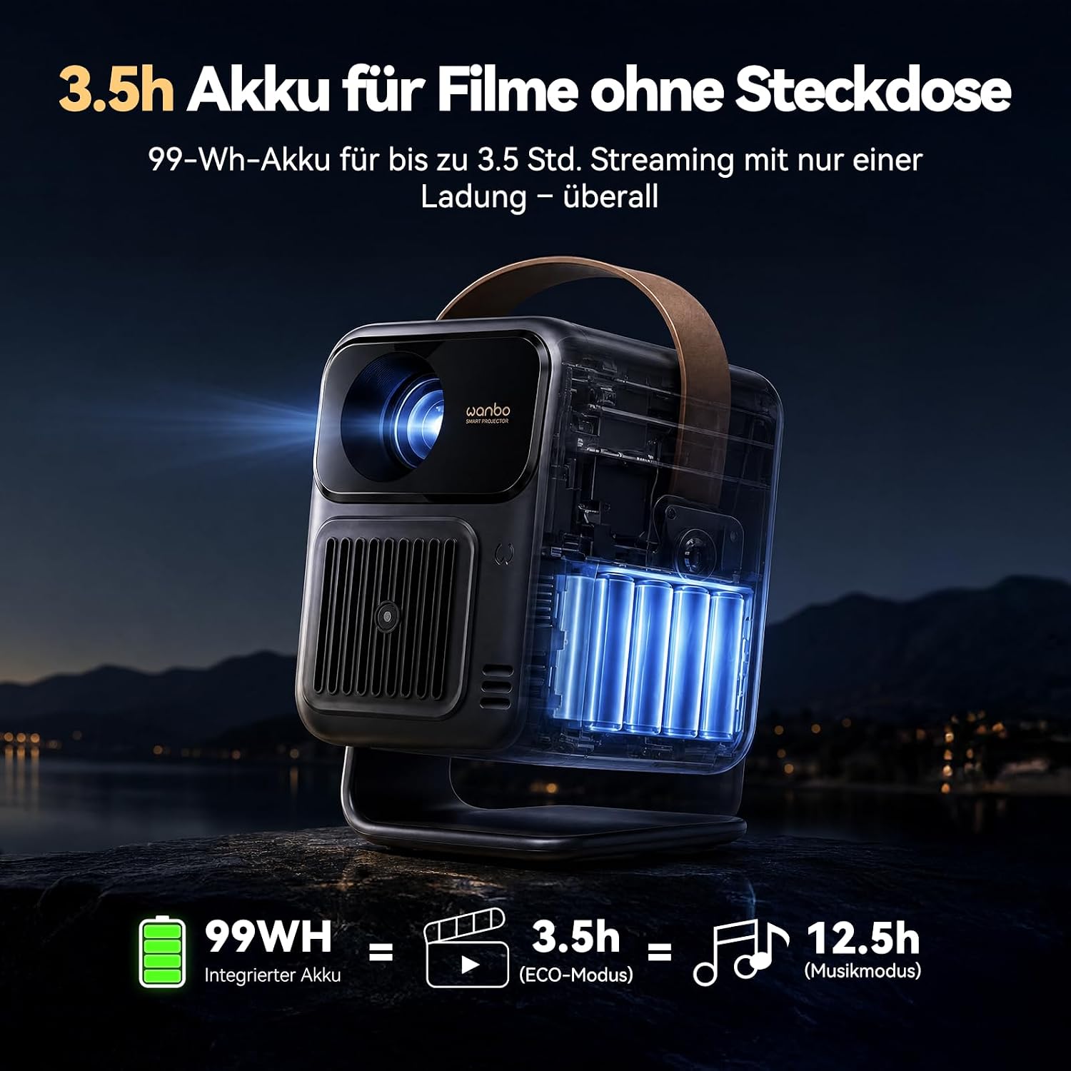 Detalle de WANBO Togo Pro Akku Smart Beamer mit Google TV – Tragbar 1080p, 500 ANSI, 3,5h Akku, 360° Ständer