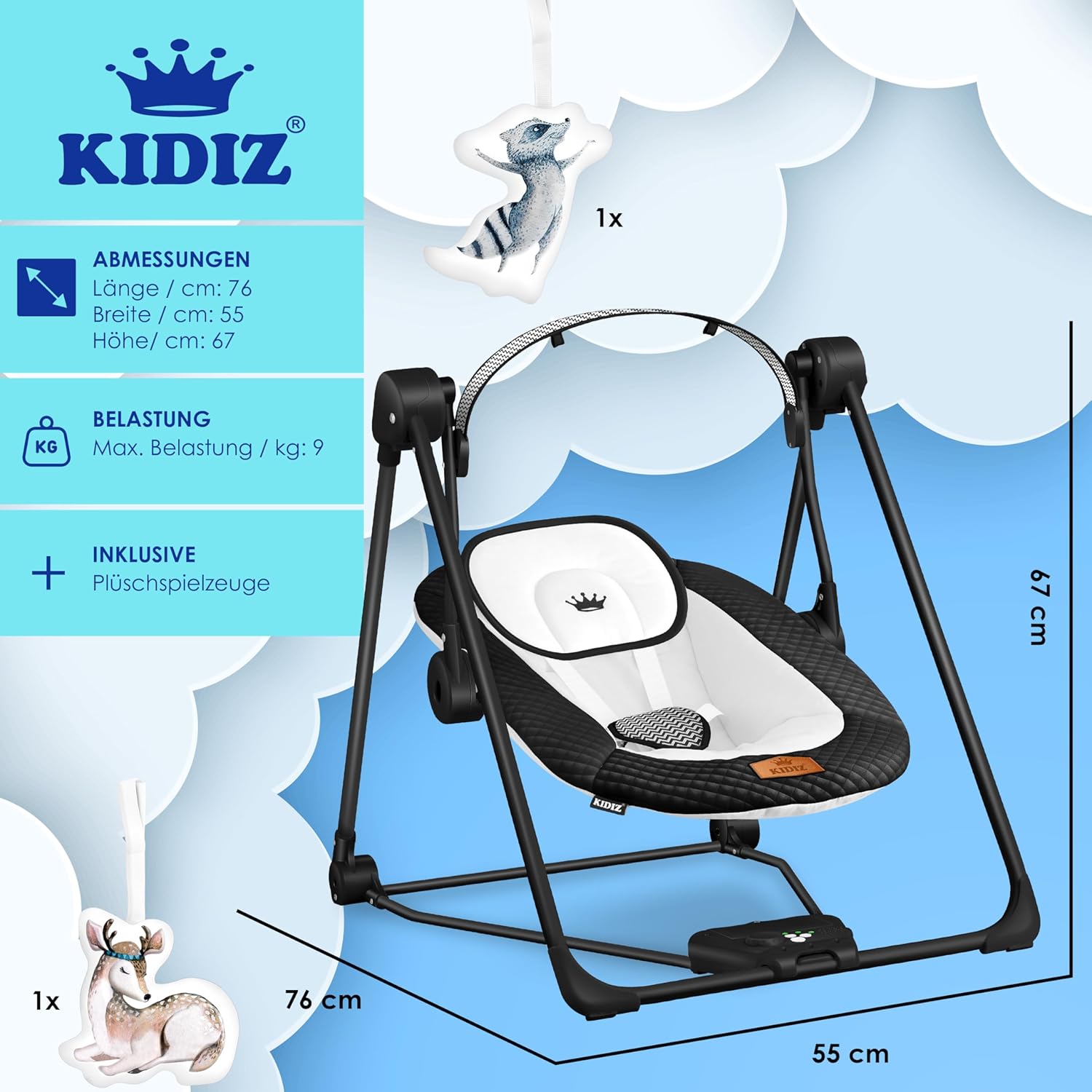 Thumbnail 6 de KIDIZ® Babywippe Babyschaukel mit 5 Geschwindigkeiten – faltbar, mit Spielbogen und Naturgeräuschen (Schwarz)