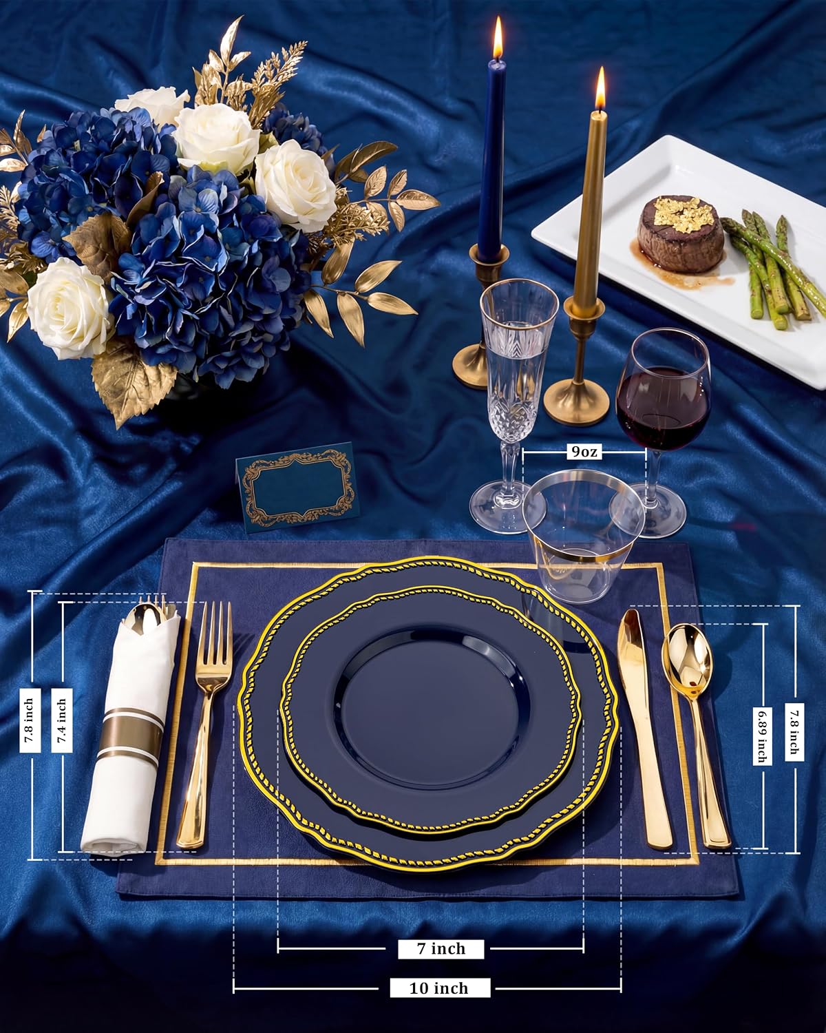 Detalle de Hioasis 350pcs Blue and Gold Plastic Plates Set for Weddings and Events
