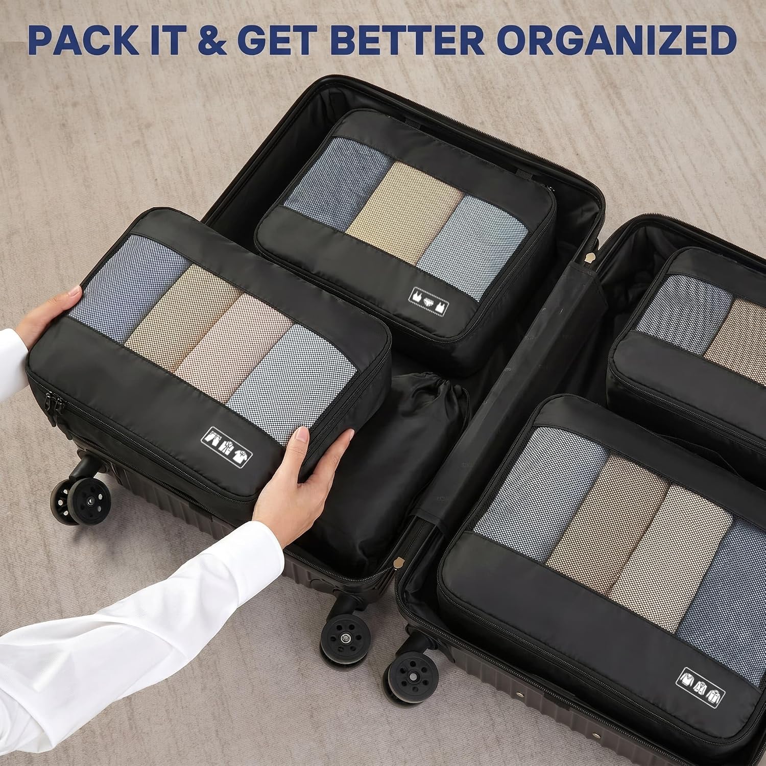 Detalle de MURISE Koffer Organizer 8-teilig: Packing Cubes & Taschen-Set für Urlaub und Reisen, Schwarz