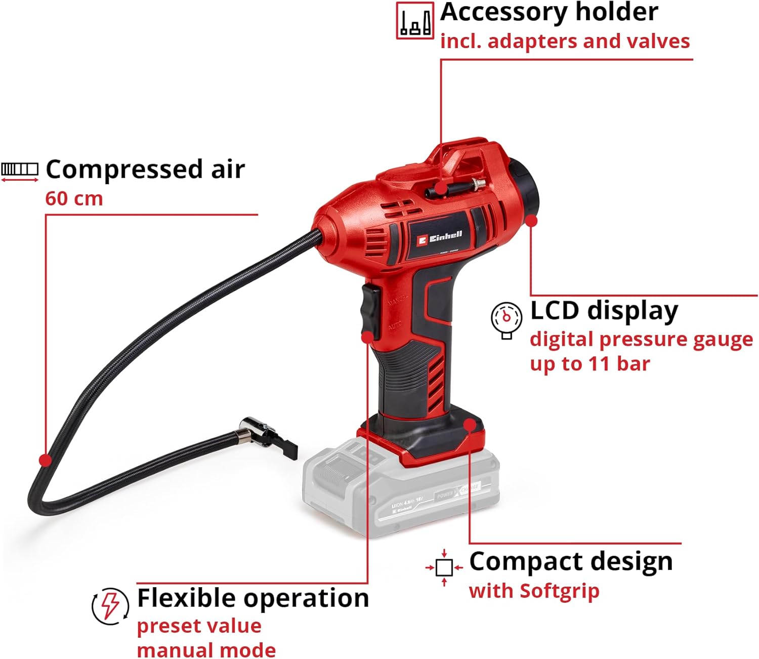 Thumbnail 2 de Einhell Cordless Car Tyre Inflator Air Compressor 18V Power X-Change (CE-CC 18 Li Solo)
