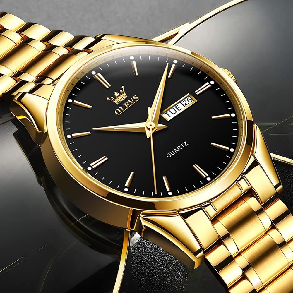 Detalle de OLEVS Herrenquarzuhr Gold/Schwarz mit Edelstahlarmband – klassisches Datumsdesign, bis 30 m wasserdicht