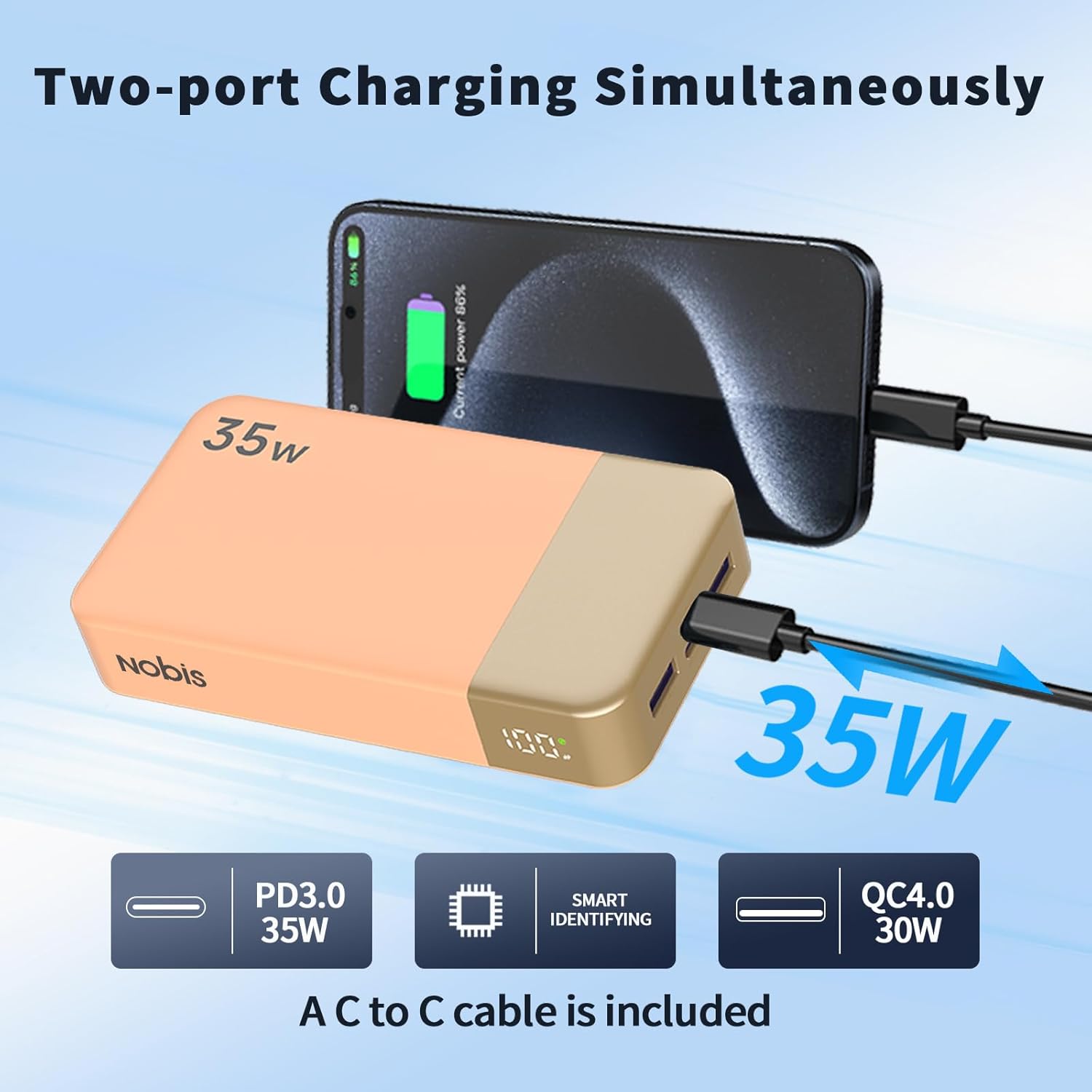 Detalle de NOBIS Power Bank 20000mAh 35W PD QC4 con Display LED – Caricatore Portatile versatile (Arancione)