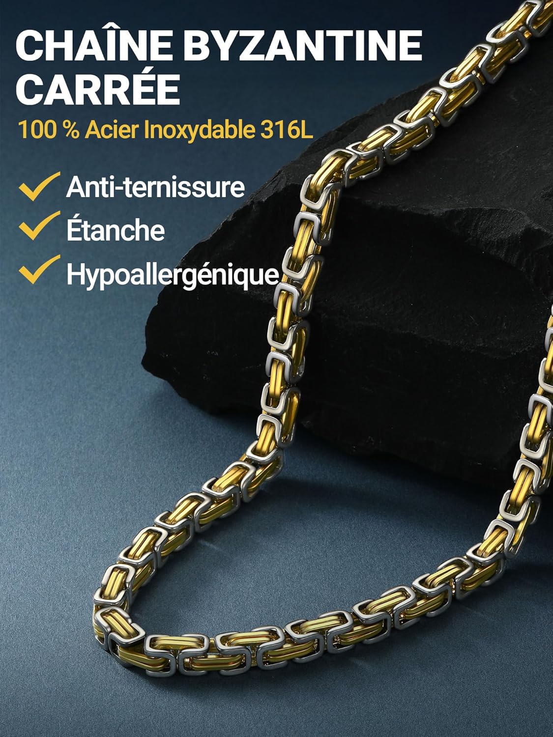 Thumbnail 2 de PROSTEEL Chaine byzantine homme en acier inoxydable 316L, maillon byzantin 4/6 mm (46 à 76 cm) plaqué or/noir