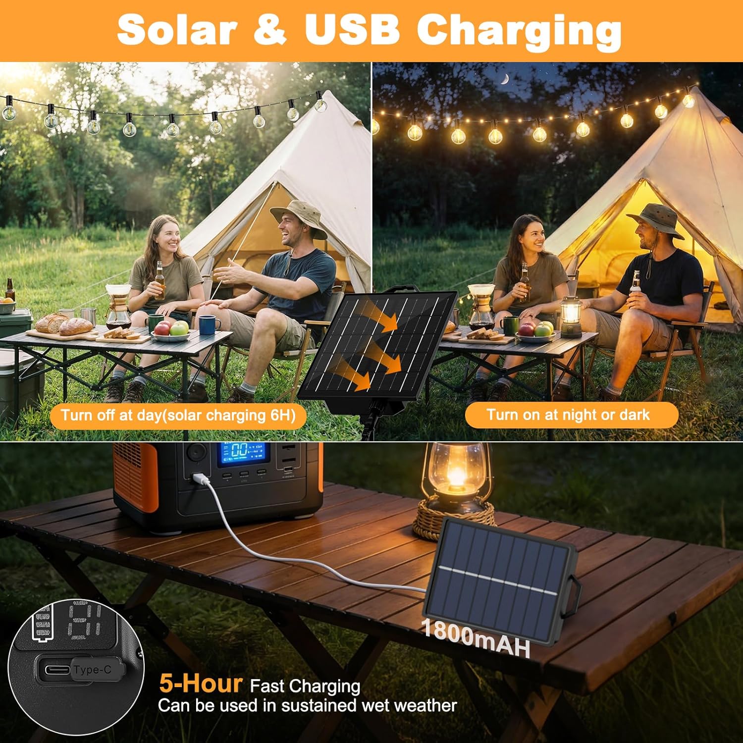 Thumbnail 4 de Solar-Lichterkette Außen FIFlying 12 m – 26 LEDs + 14 Glühbirnen, IP44, USB-Aufladung, 19 Modi