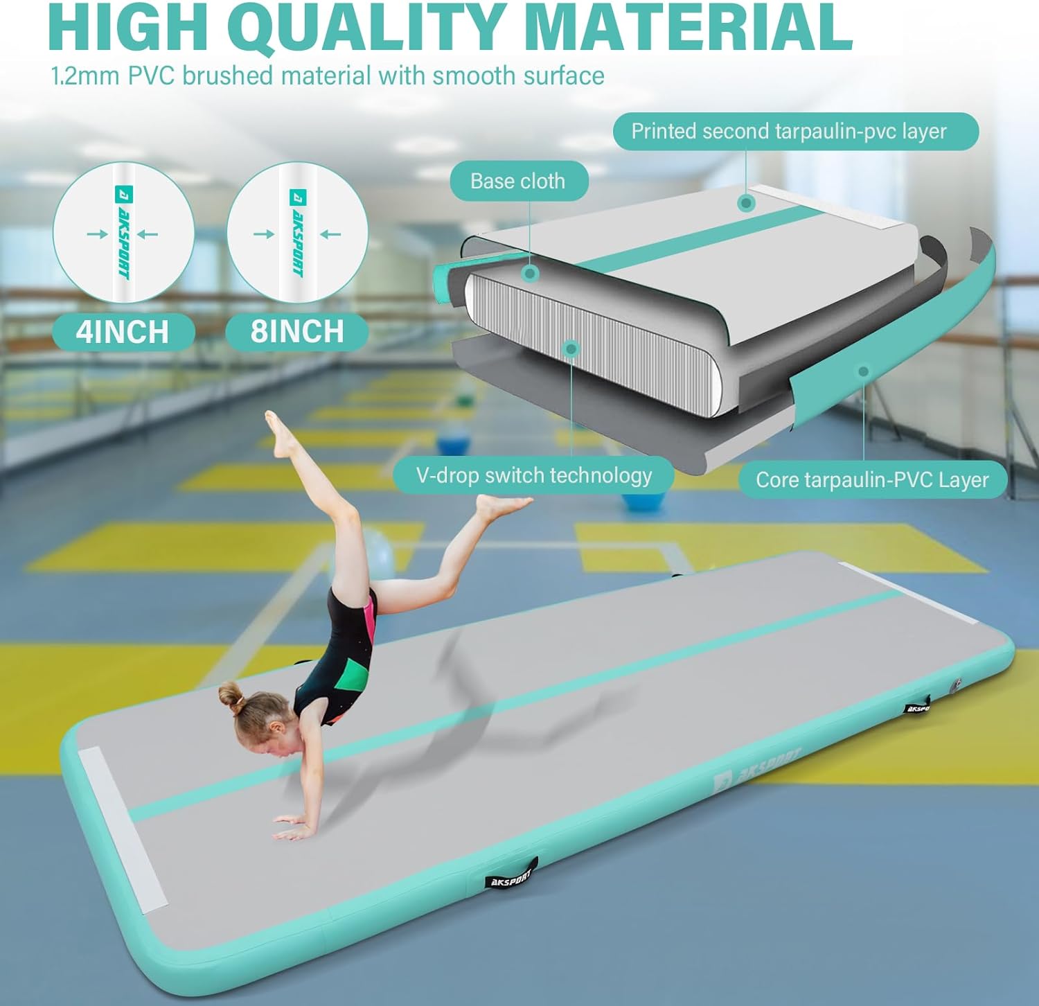 Thumbnail 2 de AKSPORT Gymnastics Air Mat Inflatable Tumble Track with Air Pump (Connectable Floor Mat for Home, Gym, Training)