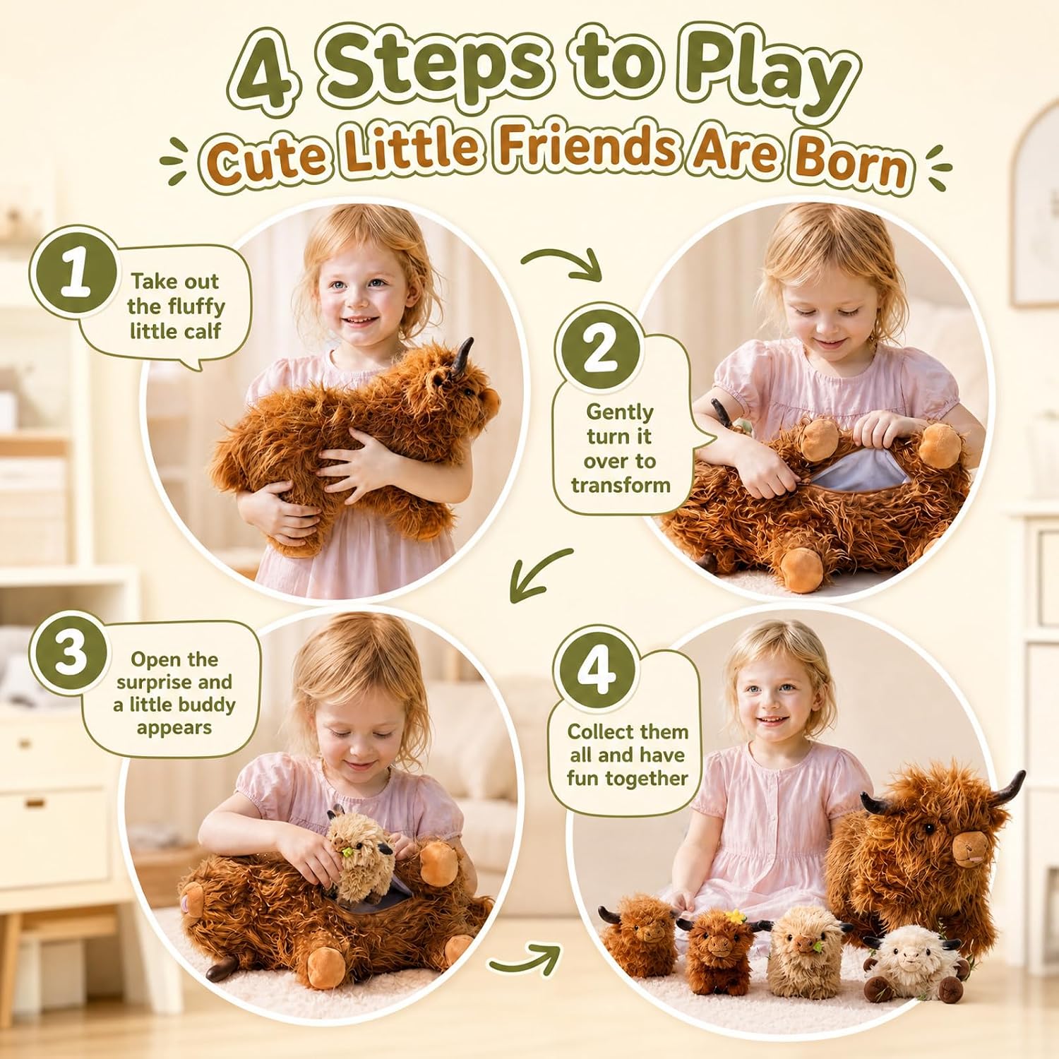 Detalle de OUOZZZ Highland Cow Kuscheltier 36 cm mit 4 Babys im Bauch – 2-in-1 Plüschtier mit verstecktem Reißverschluss