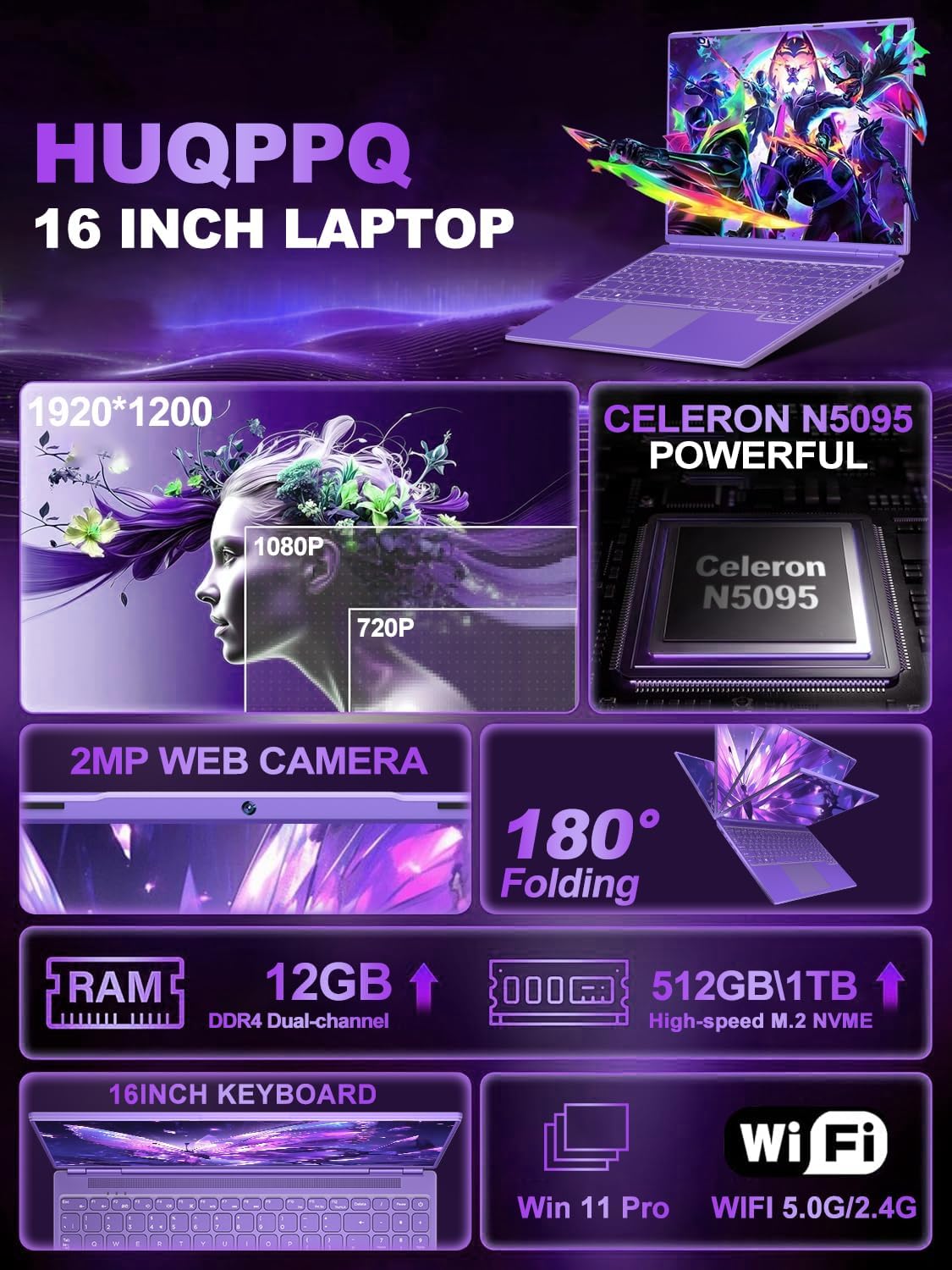 Detalle 2 de HUQPPQ 16-inch Gaming Laptop 12GB RAM 512GB SSD