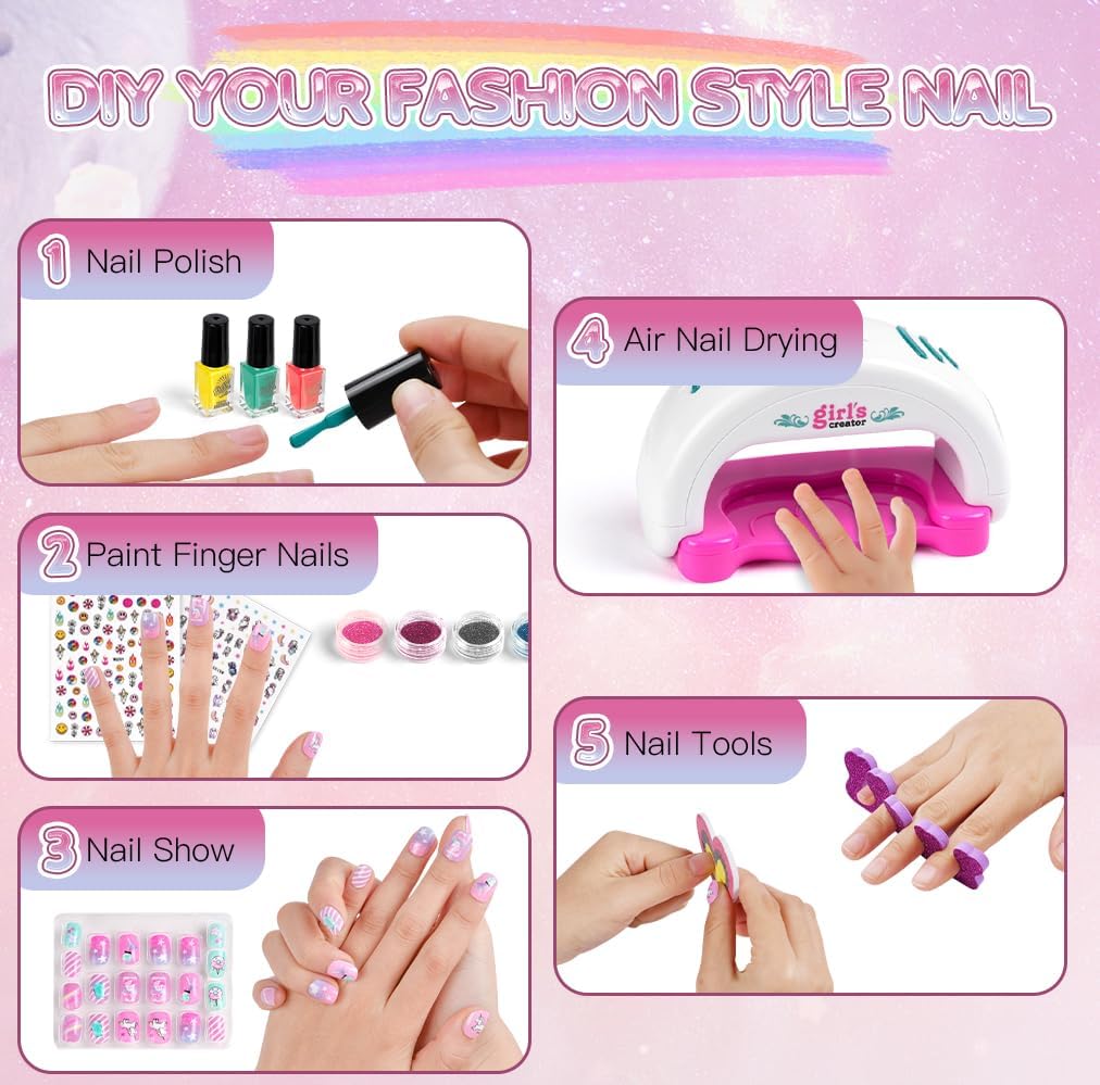 Detalle de Aomig manicureset voor kinderen met nageldroger, nagellak en glitter