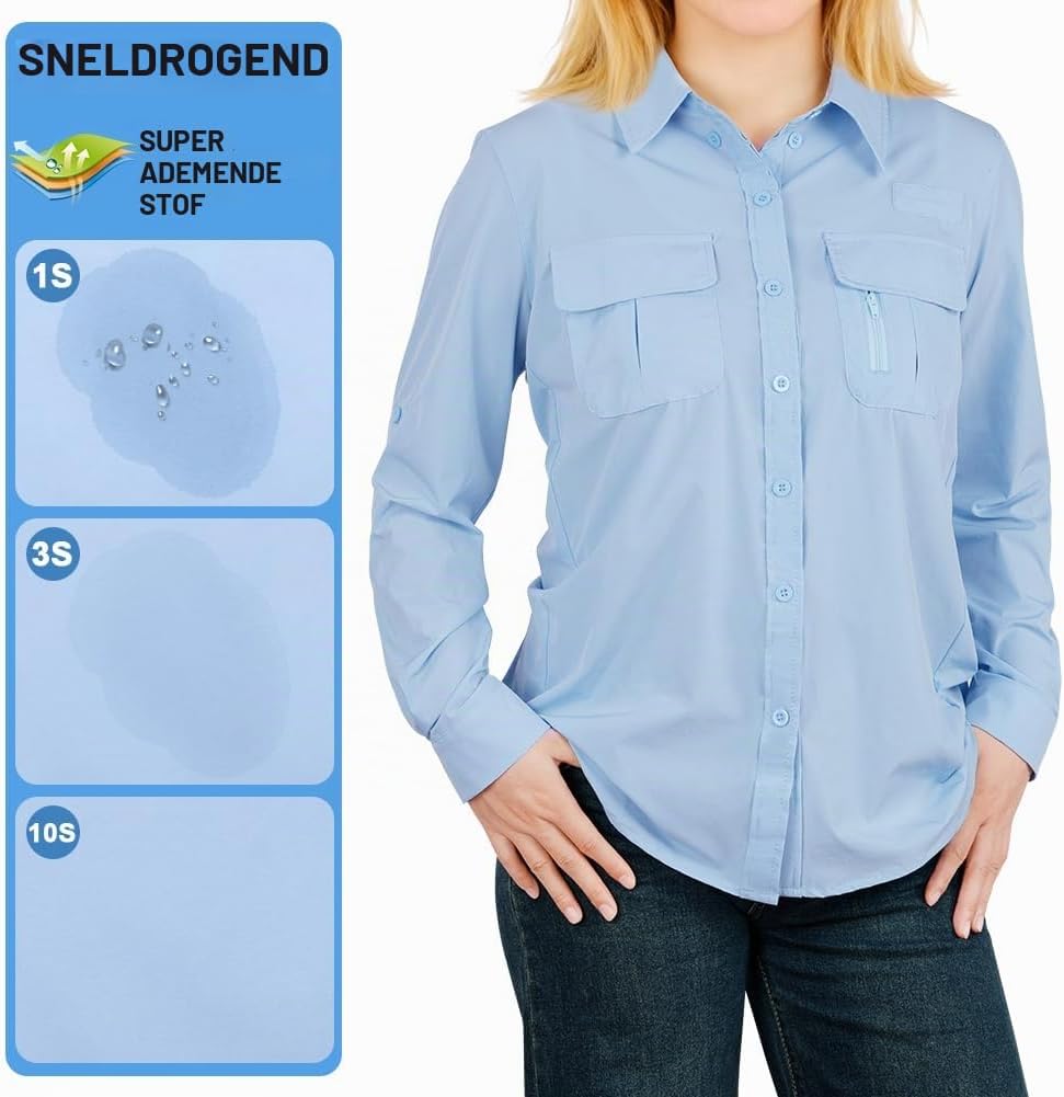 Detalle 2 de BSBUY UPF50+ damesblouse voor trekking met meshventilatie en oprolbare mouwen
