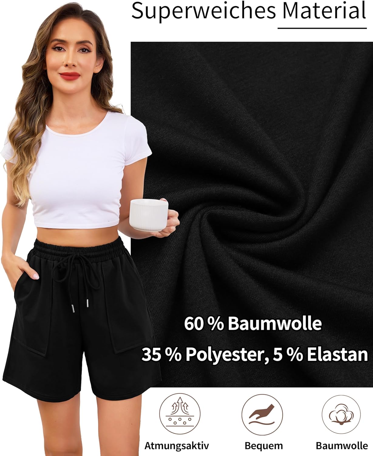 Thumbnail 2 de Wikoan pantaloncini sportivi da donna estivi in cotone misto con tasche e coulisse S–XXL