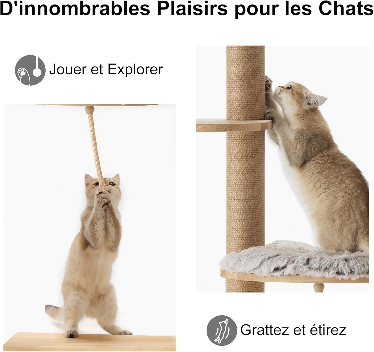 Thumbnail 4 de FUKUMARU Arbre à chat mural de 188 cm en bois de caoutchouc massif, multi-niveaux avec griffoir et panier suspendu