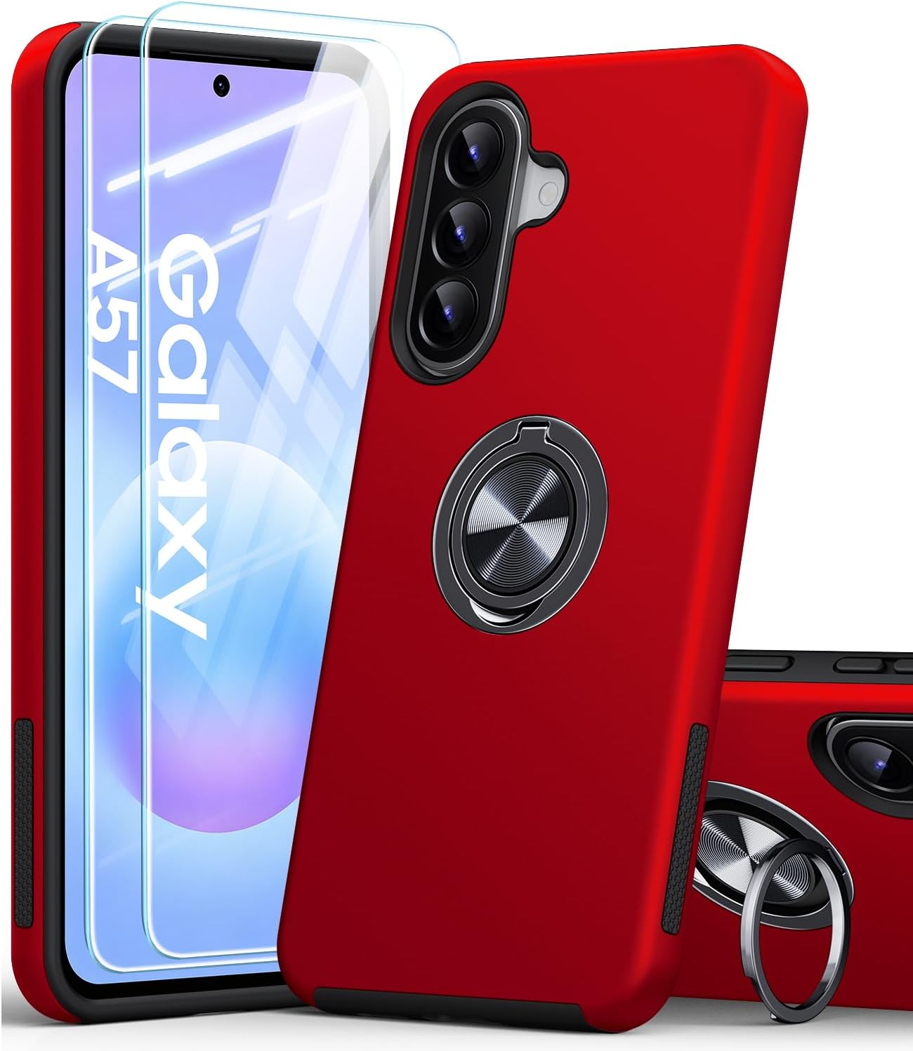 Detalle de AOUIA Galaxy A57 5G case with 2-pack screen protectors and 360° rotating ring kickstand (Red)