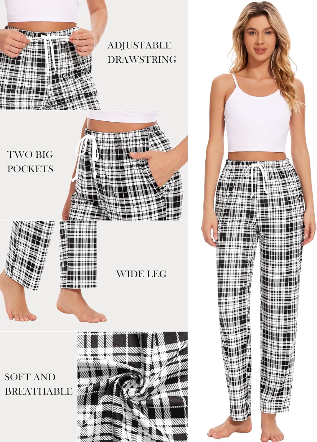 Detalle de Knuffnee Women’s Pyjama Bottoms – Plaid Wide-Leg Lounge Pants with Pockets (2 Pack)