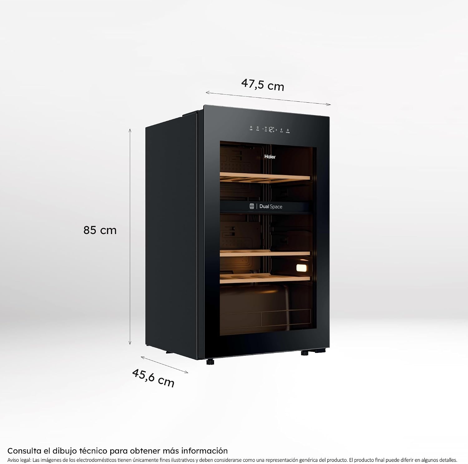 Detalle de Haier Wine Bank 50 Series 5 HWS32GDG: Vinoteca de 32 botellas con 2 zonas y filtro anti-UV