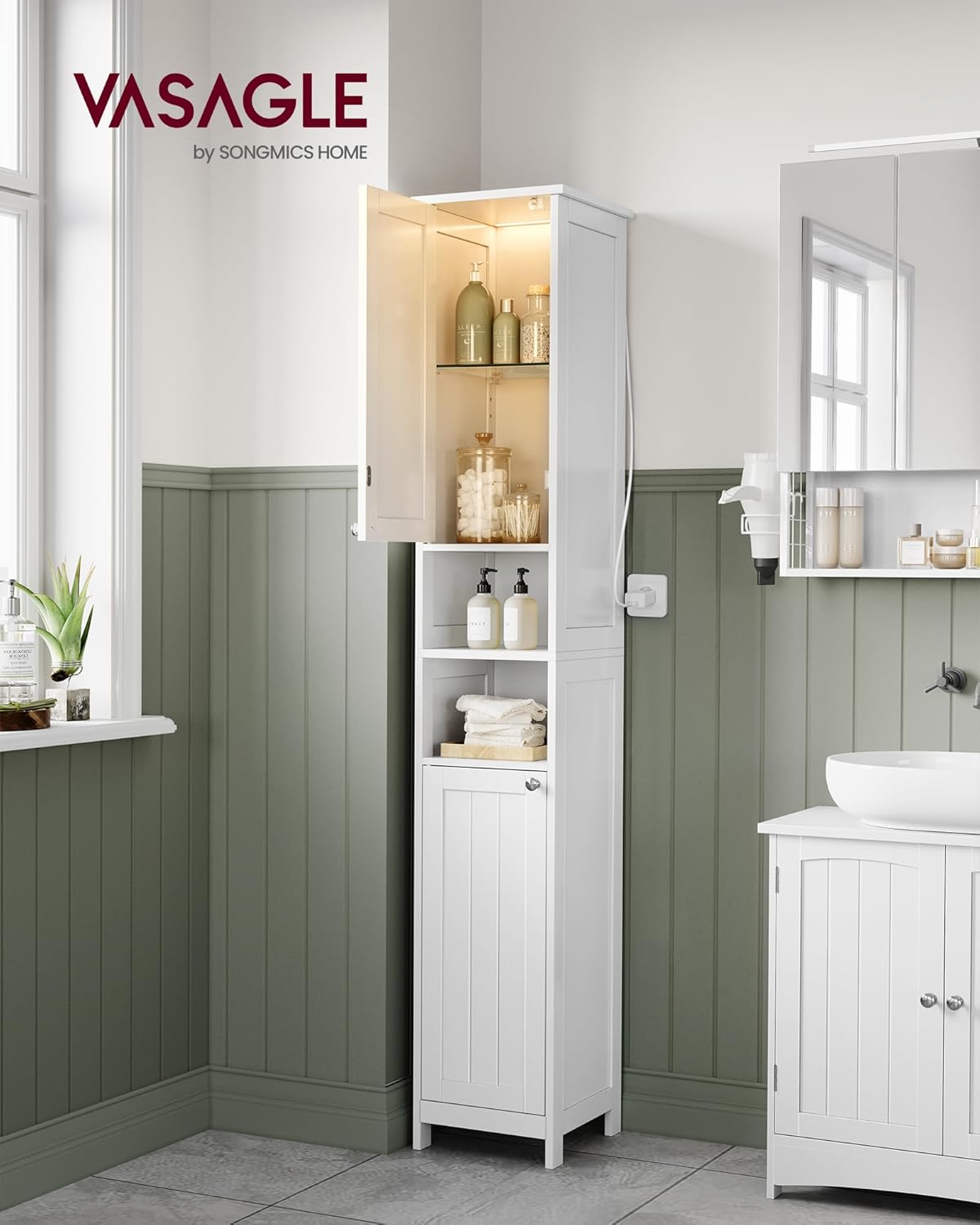 Detalle 2 de VASAGLE BBK566KB01 mobile da bagno salvaspazio con luce attivata dalla porta, 30 cm