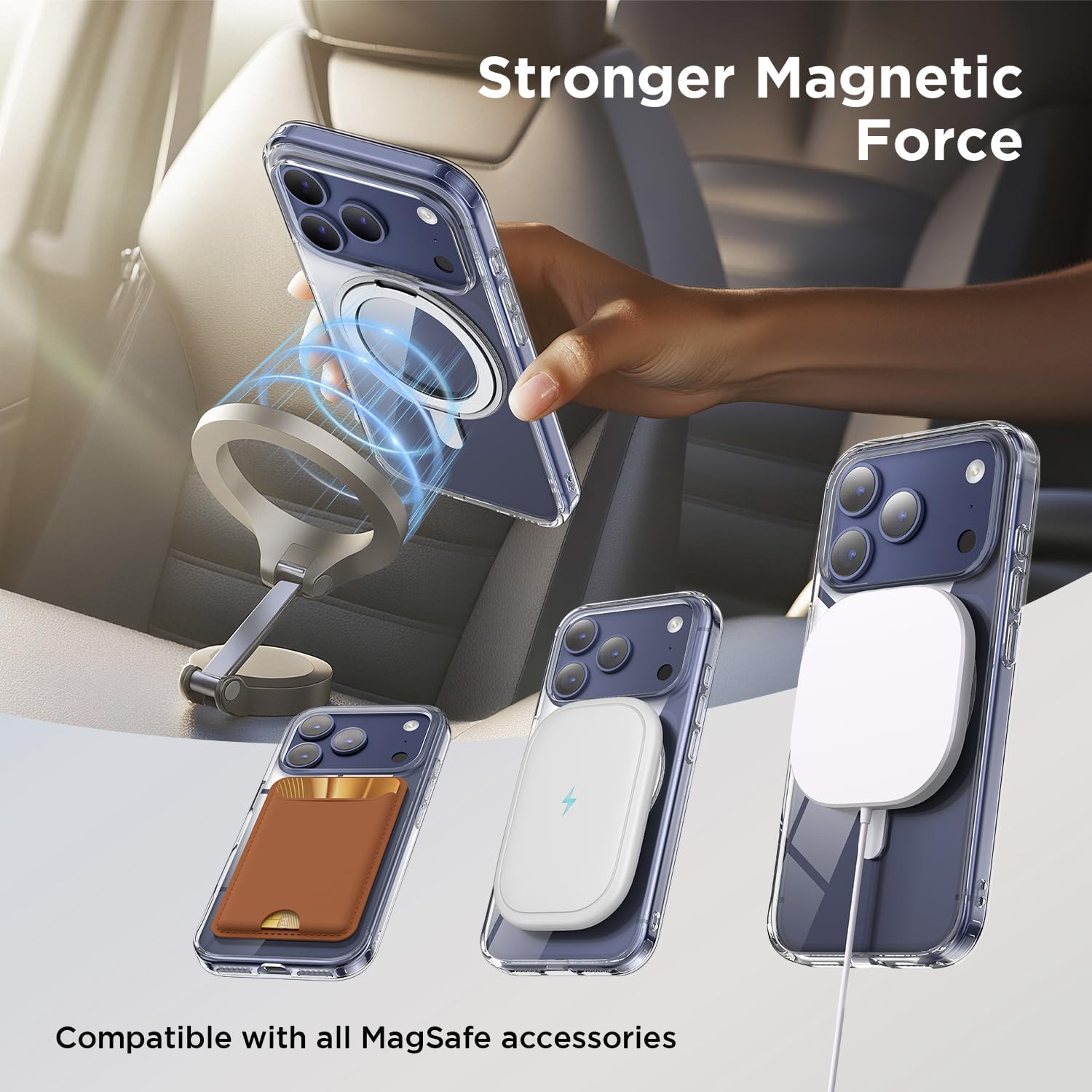Detalle de SURPHY Magnetic Case for iPhone 17 Pro Max with 360° Rotatable Stand & Ring – Clear Matte, Shockproof