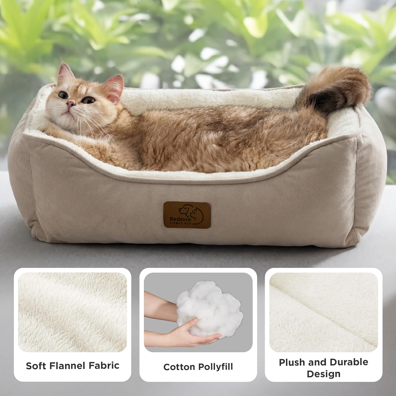 Detalle de Bedsure Cat beds for Indoor Cats – 51x41 cm Washable Rectangle Bed with Anti-Slip Bottom (Camel)