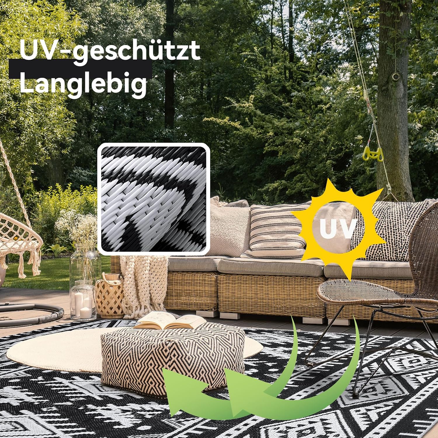 Thumbnail 3 de Homaxy Outdoor Teppich wetterfest, faltbar & waschbar (150 x 240 cm) – schwarz/weiß, beidseitig wendbar