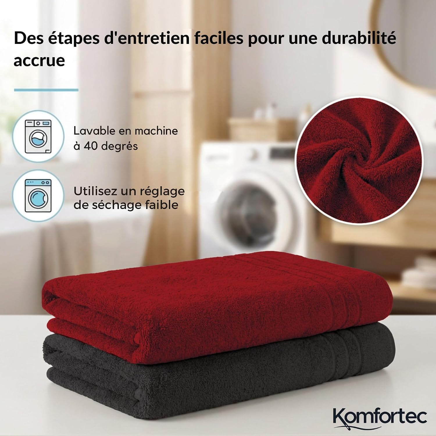 Detalle de Komfortec Lot de 2 Serviettes de Sauna 80 x 200 cm – 100% Coton XXL Noir/Rouge