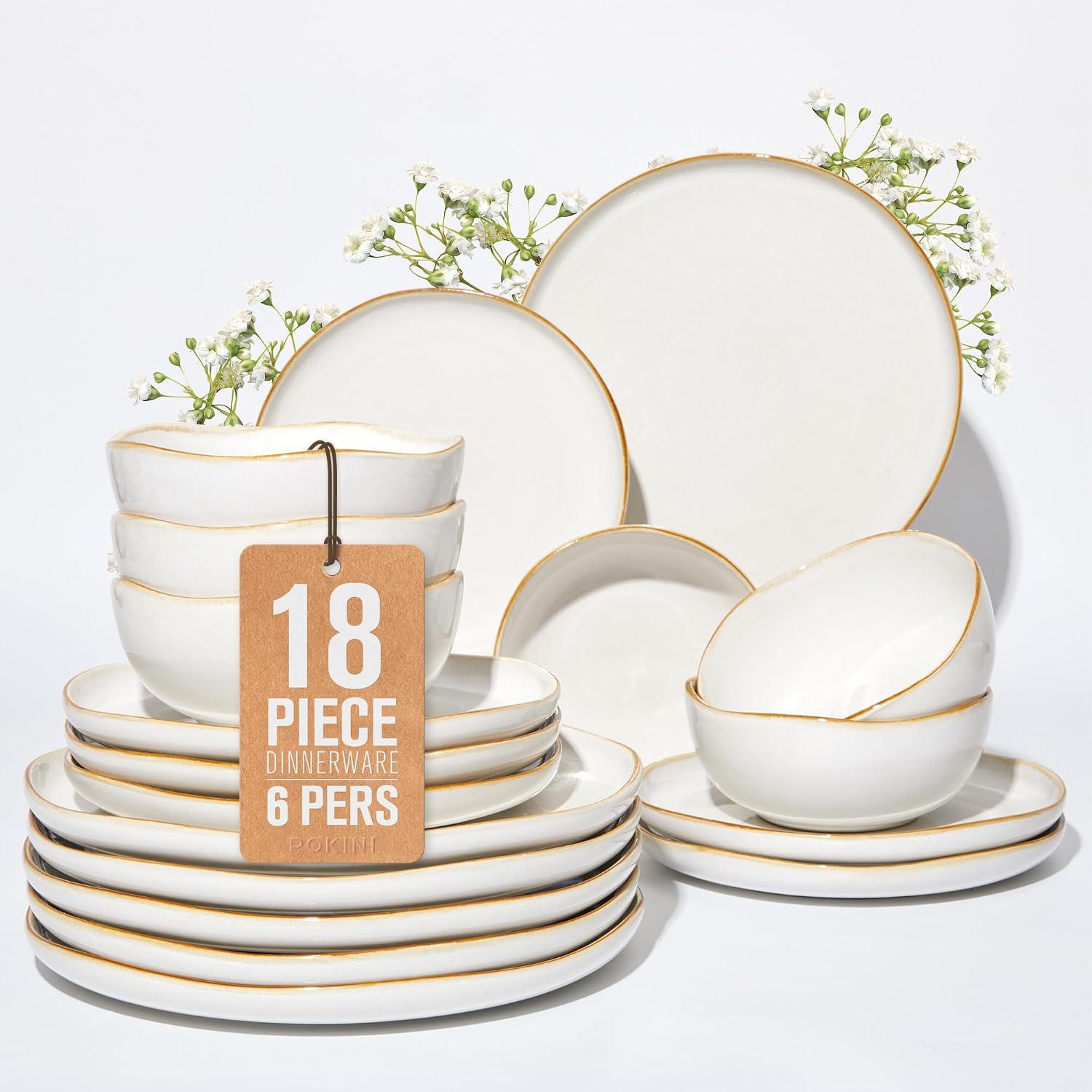 Detalle de Pokini 18-Piece White Reactive Glaze Dinnerware Set for 6 (Stoneware) with Irregular Coastal Edges
