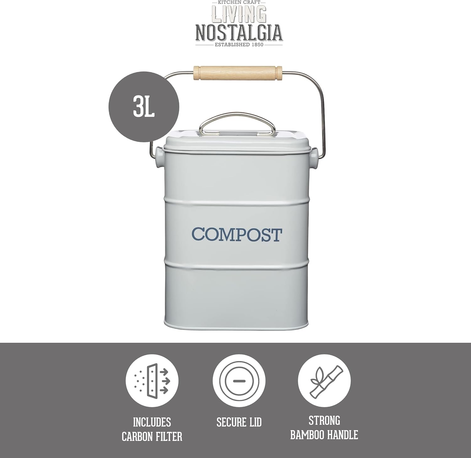 Detalle de KitchenCraft Living Nostalgia Poubelle à compost métal, French Grey – 3 L, 16,5 × 12 × 24 cm