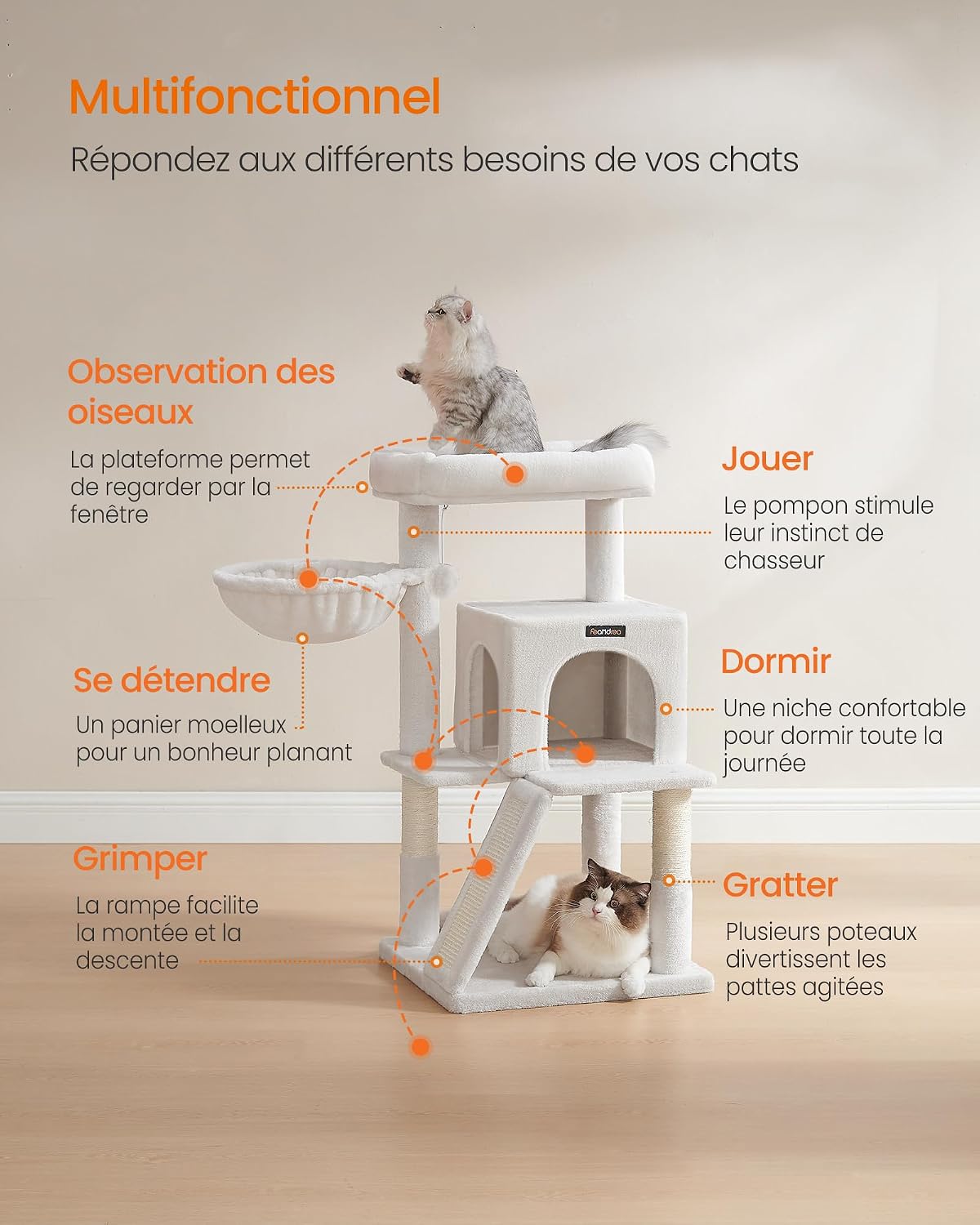 Detalle de Feandrea Arbre à Chat, Tour de Jeux Grand Plate-Forme Blanc Crème PCT051T01