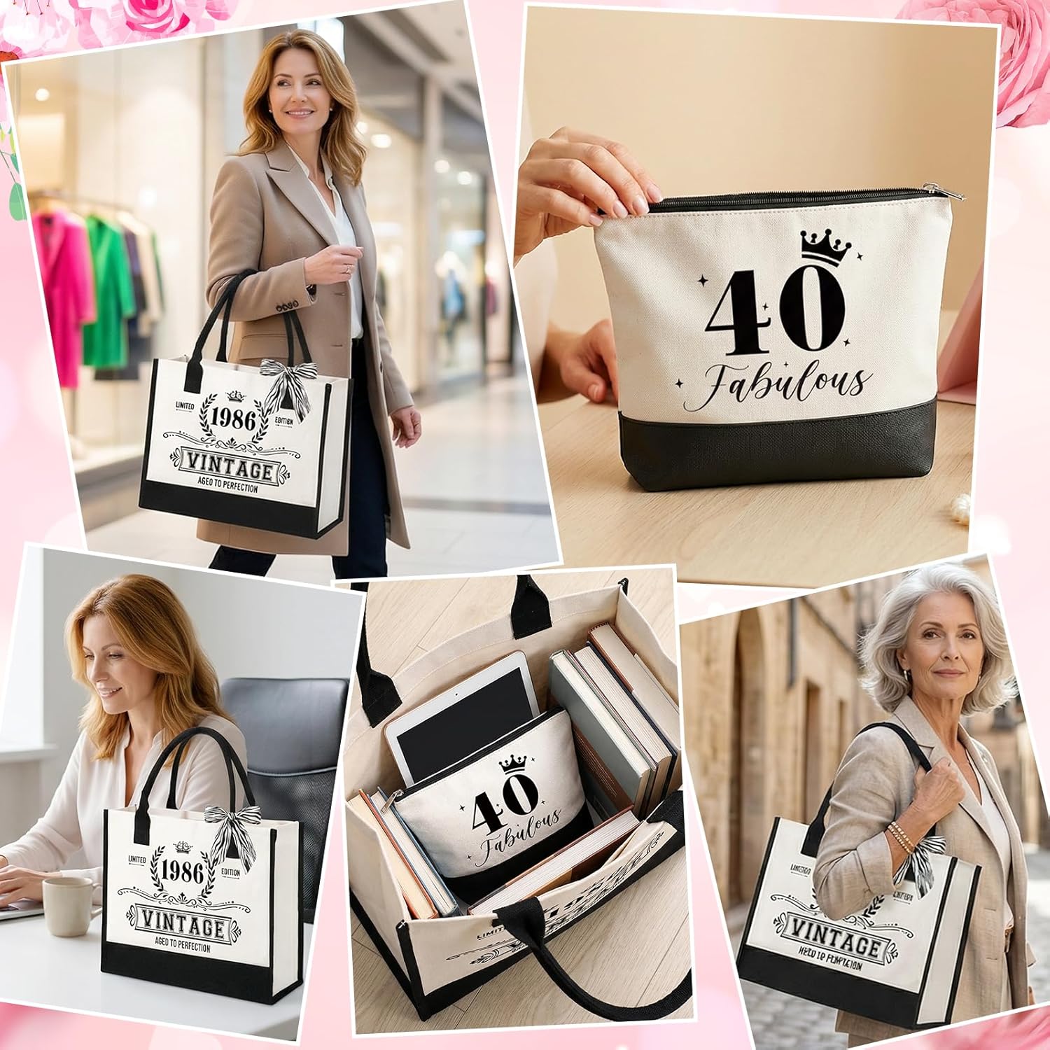 Detalle de ePicsoa 40. Geburtstag Geschenk Mädchen – Vintage 1986 Canvas Einkaufstasche + Kosmetiktasche Set
