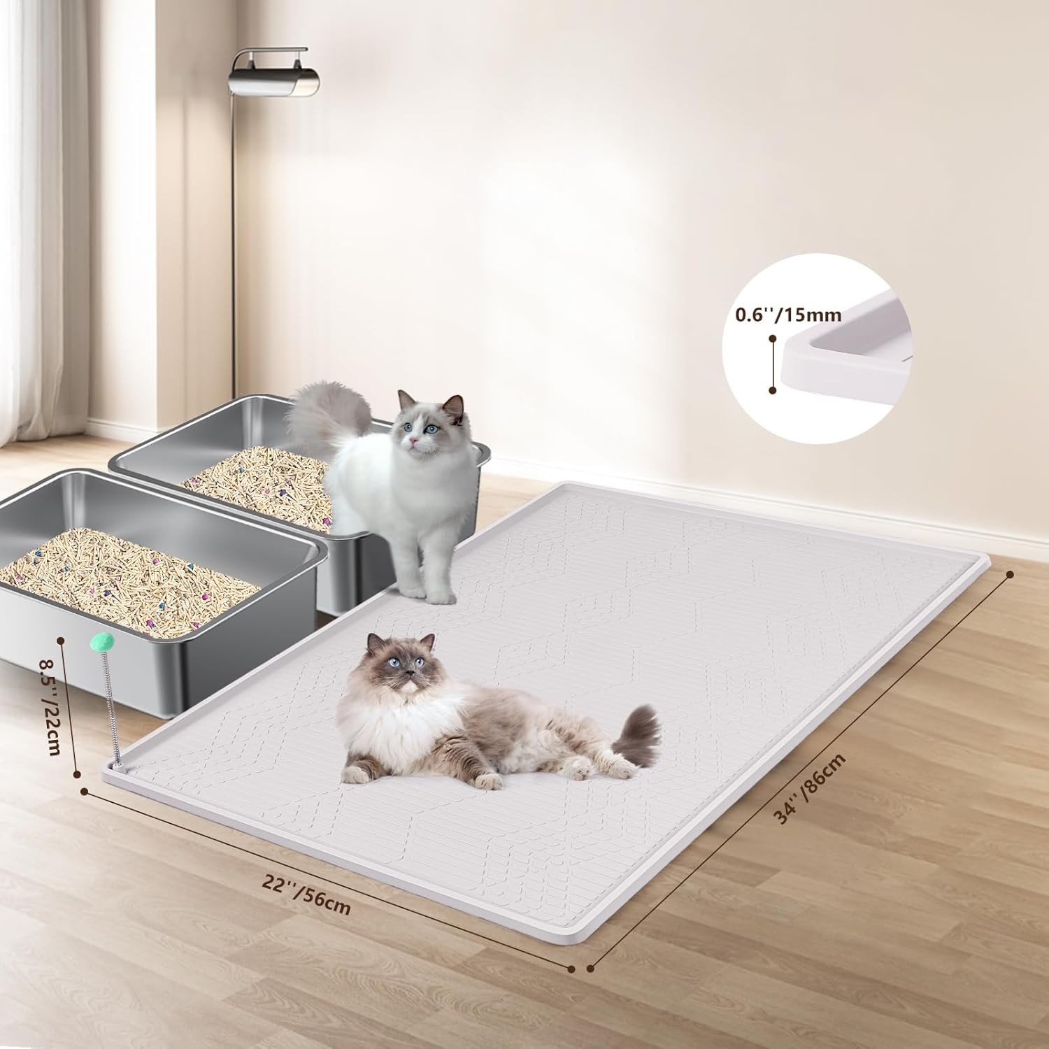 Detalle 2 de Bartuke große Katzenstreu-Matte mit Spielzeug-Ball (34" x 22") – Silikon-Streu-Fangmatte zur Streukontrolle