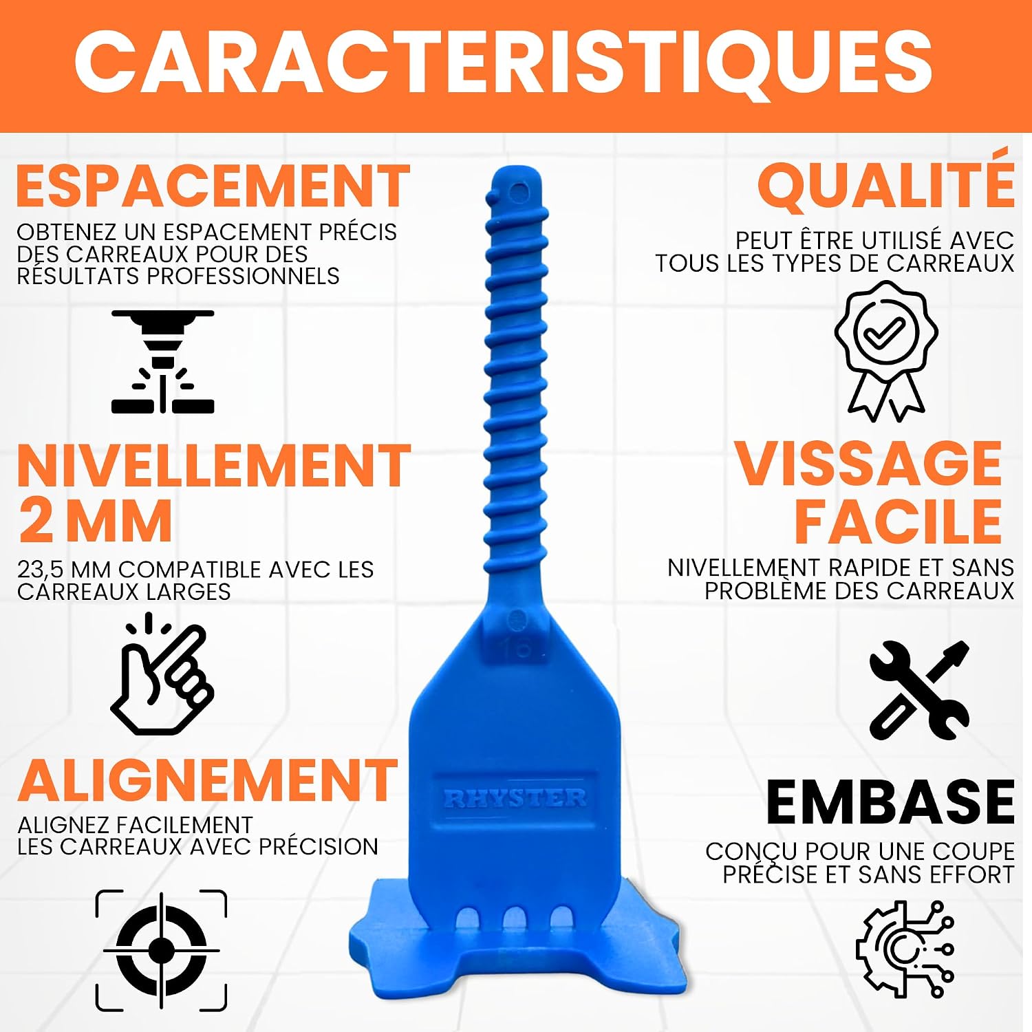 Detalle de RHYSTER Kit Croisillons Autonivelants 2 mm – Starter Pack (302 unités) pour Pose Carrelage