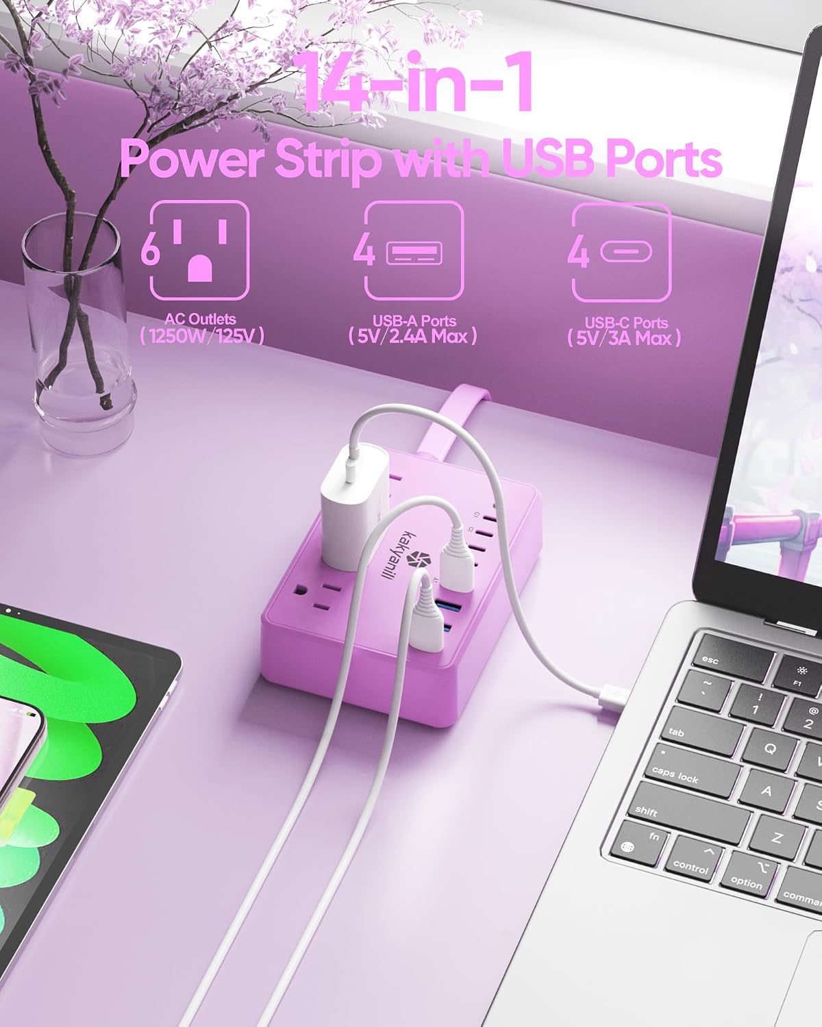 Detalle 2 de Kakyanill DM6 Power Strip, 6 AC Outlets, 8 USB Ports, Purple, 5-Foot Cord
