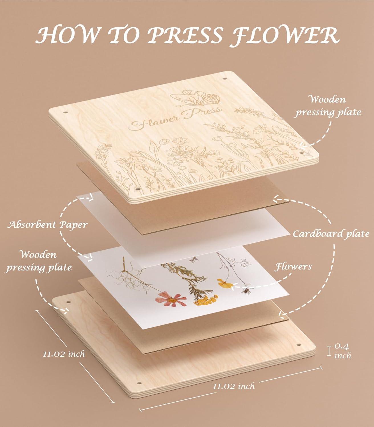 Detalle 2 de Wakhow Flower Press Kit (11" x 11") – Large Wooden Flower Presser for DIY Bouquet Preservation